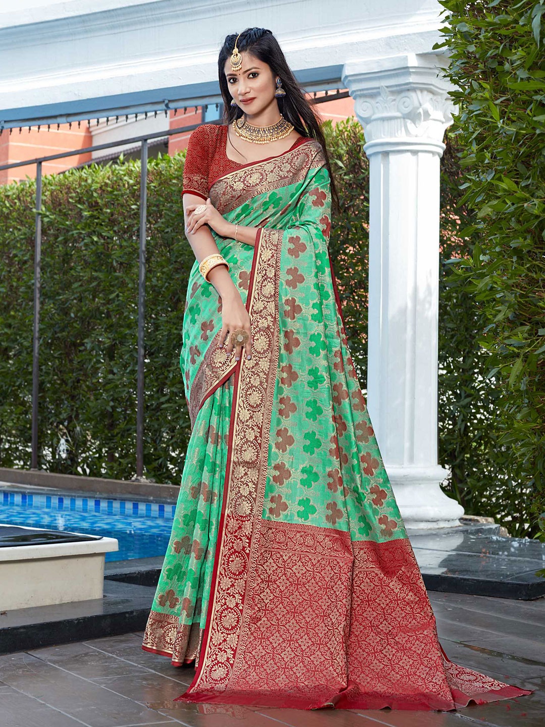 Mitera Woven Design Zari Banarasi Saree, Green