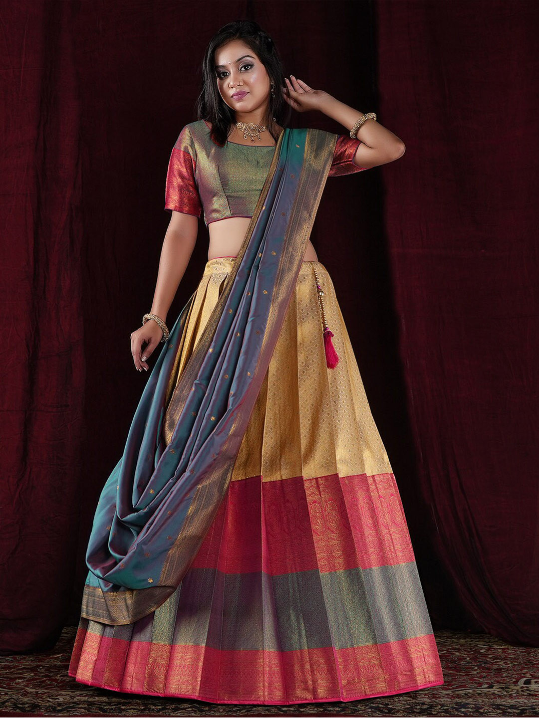 HALFSAREE STUDIO Semi-Stitched Lehenga & Unstitched Blouse With Dupatta, Cream
HALFSAREE STUDIO Semi-Stitched Lehenga & Unstitched Blouse With Dupatta, Cream