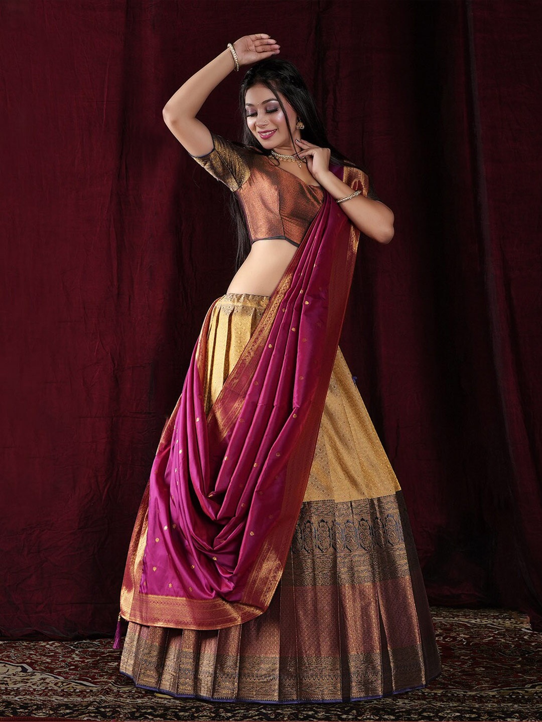 HALFSAREE STUDIO Kanjivaram Silk Semi-Stitched Lehenga & Unstitched Blouse With Dupatta, Cream
HALFSAREE STUDIO Kanjivaram Silk Semi-Stitched Lehenga & Unstitched Blouse With Dupatta, Cream