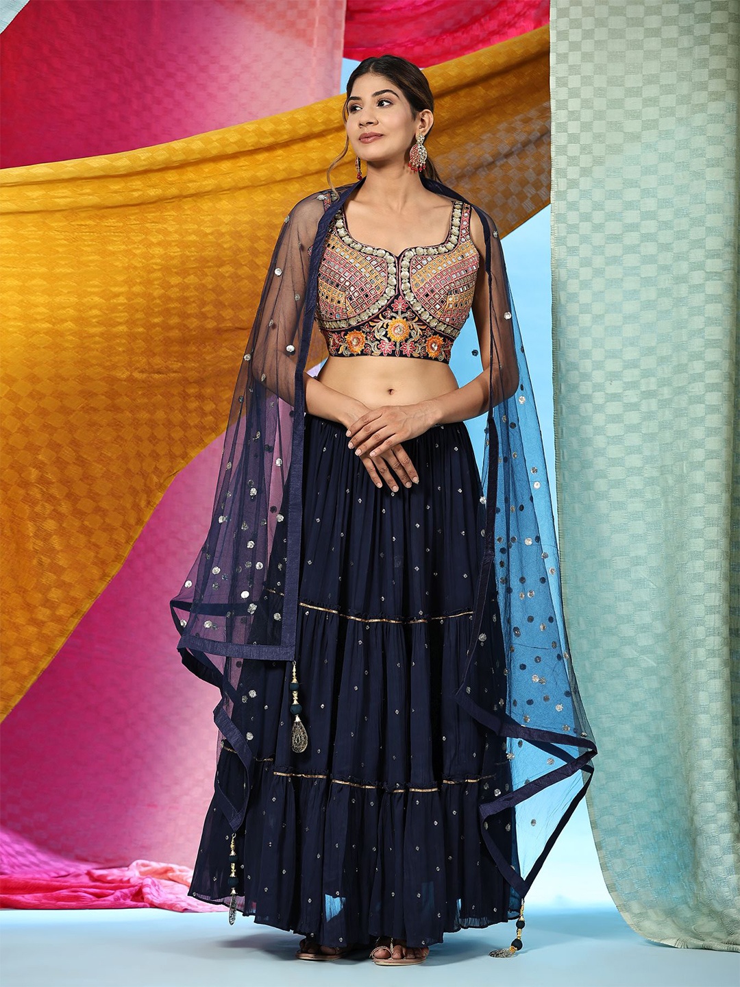 JUST FASHION Embroidered Thread Work Ready To Wear Lehenga & Blouse With Dupatta, Navy blue
JUST FASHION Embroidered Thread Work Ready To Wear Lehenga & Blouse With Dupatta, Navy blue
