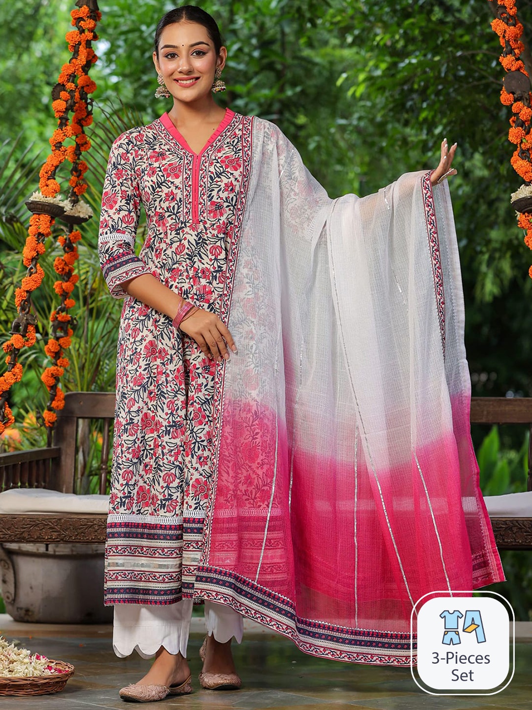 Rain & Rainbow Women Floral Printed Gotta Patti Pure Cotton Kurta With Trousers & Dupatta, Pink
Rain & Rainbow Women Floral Printed Gotta Patti Pure Cotton Kurta With Trousers & Dupatta, Pink