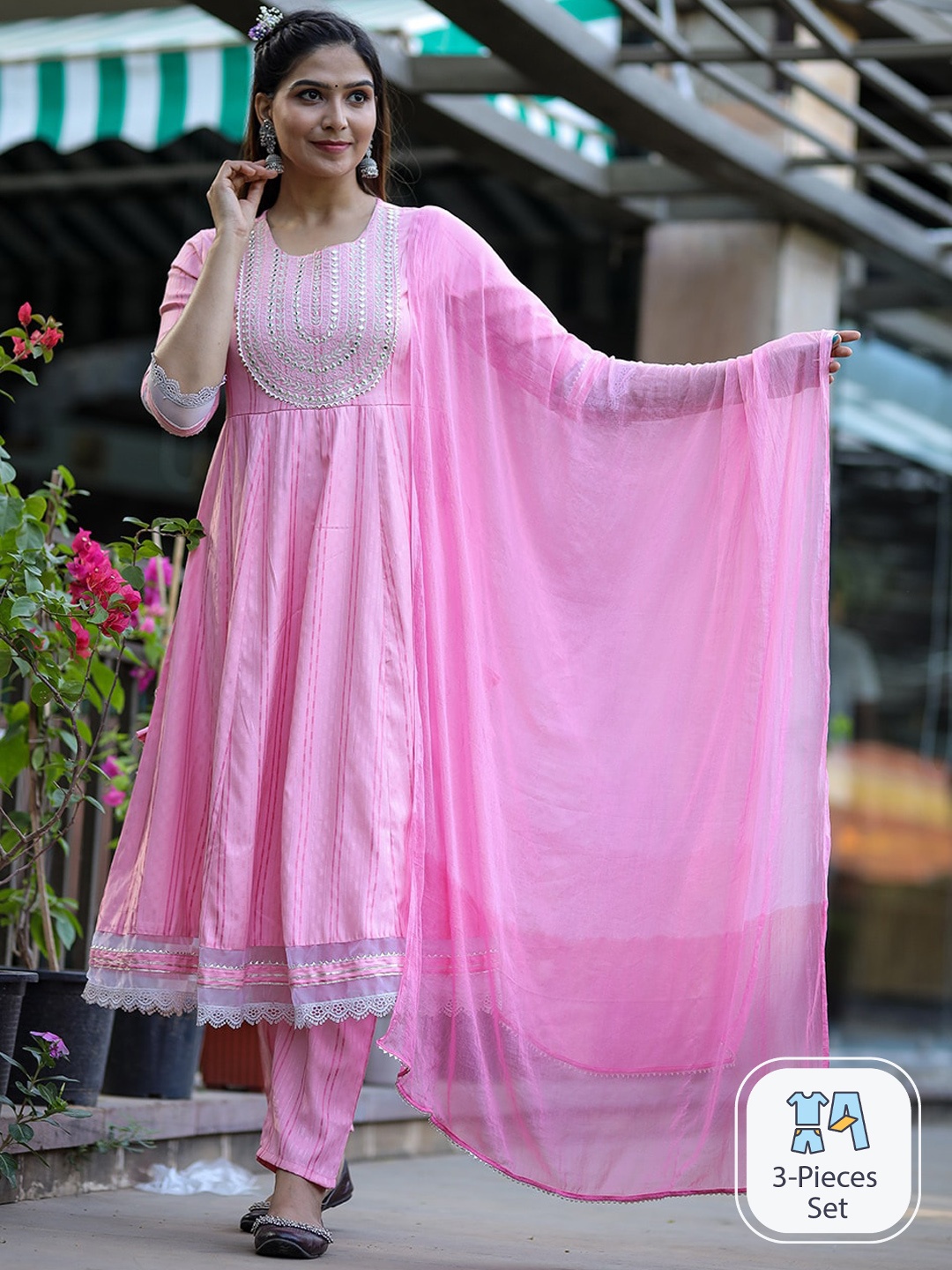 KALINI Striped Embroidered Yoke Design Scalloped Hem A-Line Kurta With Trousers & Dupatta, Pink
KALINI Striped Embroidered Yoke Design Scalloped Hem A-Line Kurta With Trousers & Dupatta, Pink