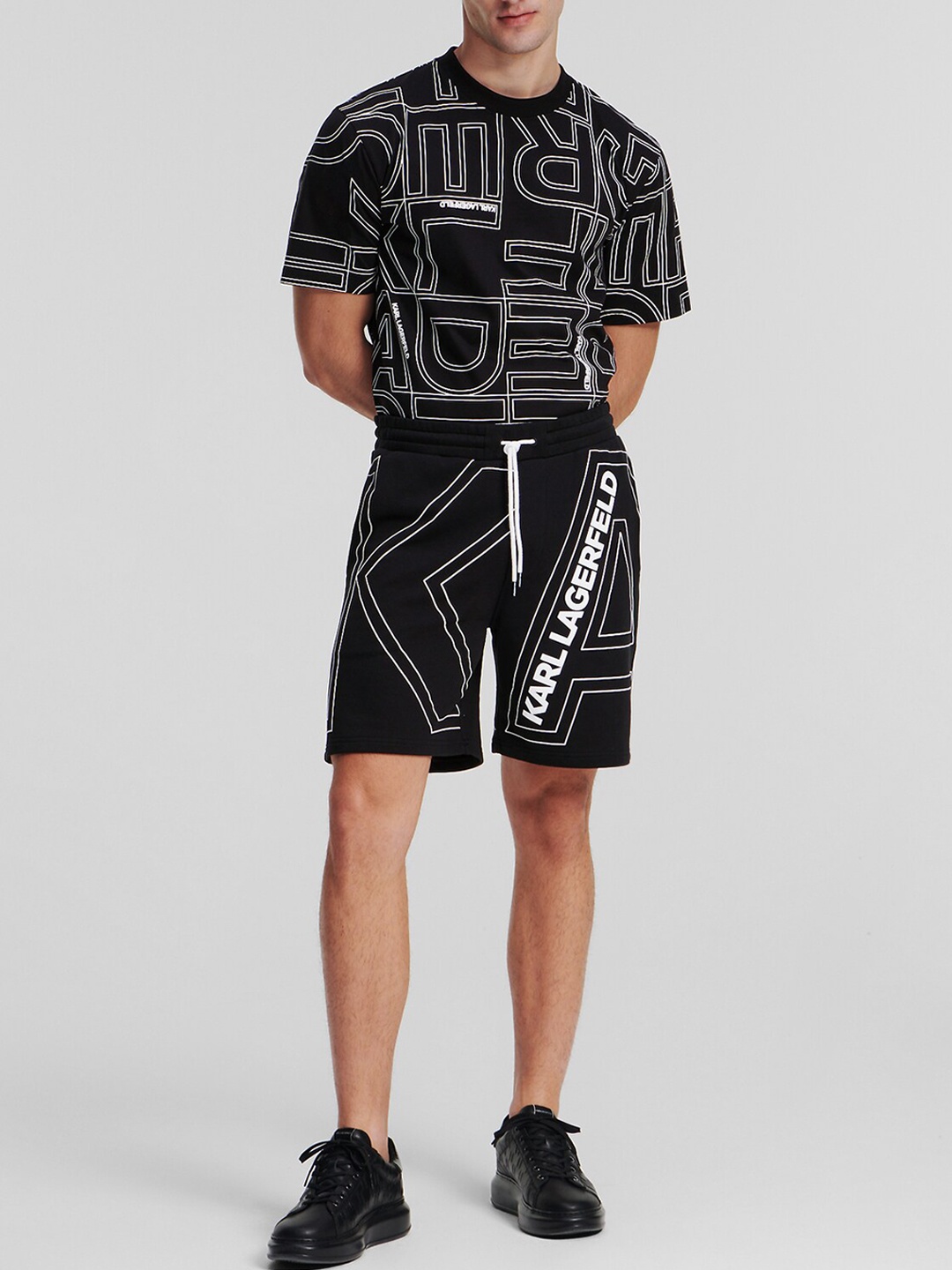Karl Lagerfeld Men Striped Printed High-Rise Shorts, Black