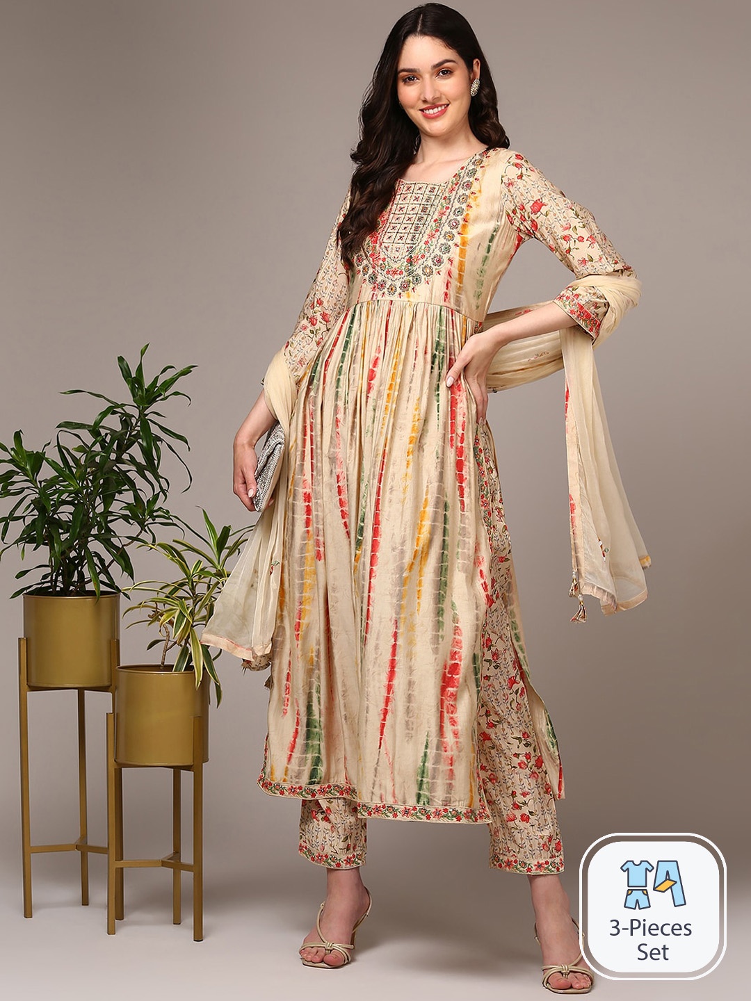 AHIKA Shibori Printed Thread Work Kurta With Trousers & Dupatta, Beige