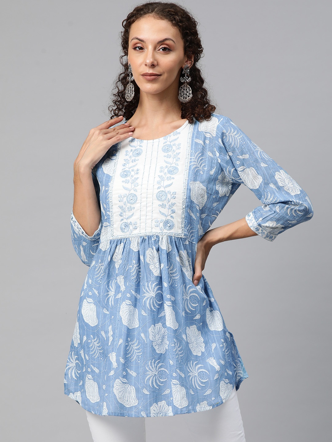 Readiprint Fashions Floral Printed Thread Work Pure Cotton Pleated Kurti, Blue
