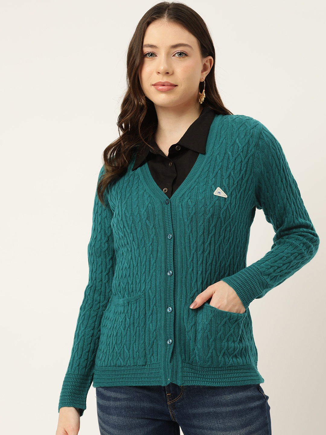 Monte Carlo Women Cable Knit Cardigan, Teal