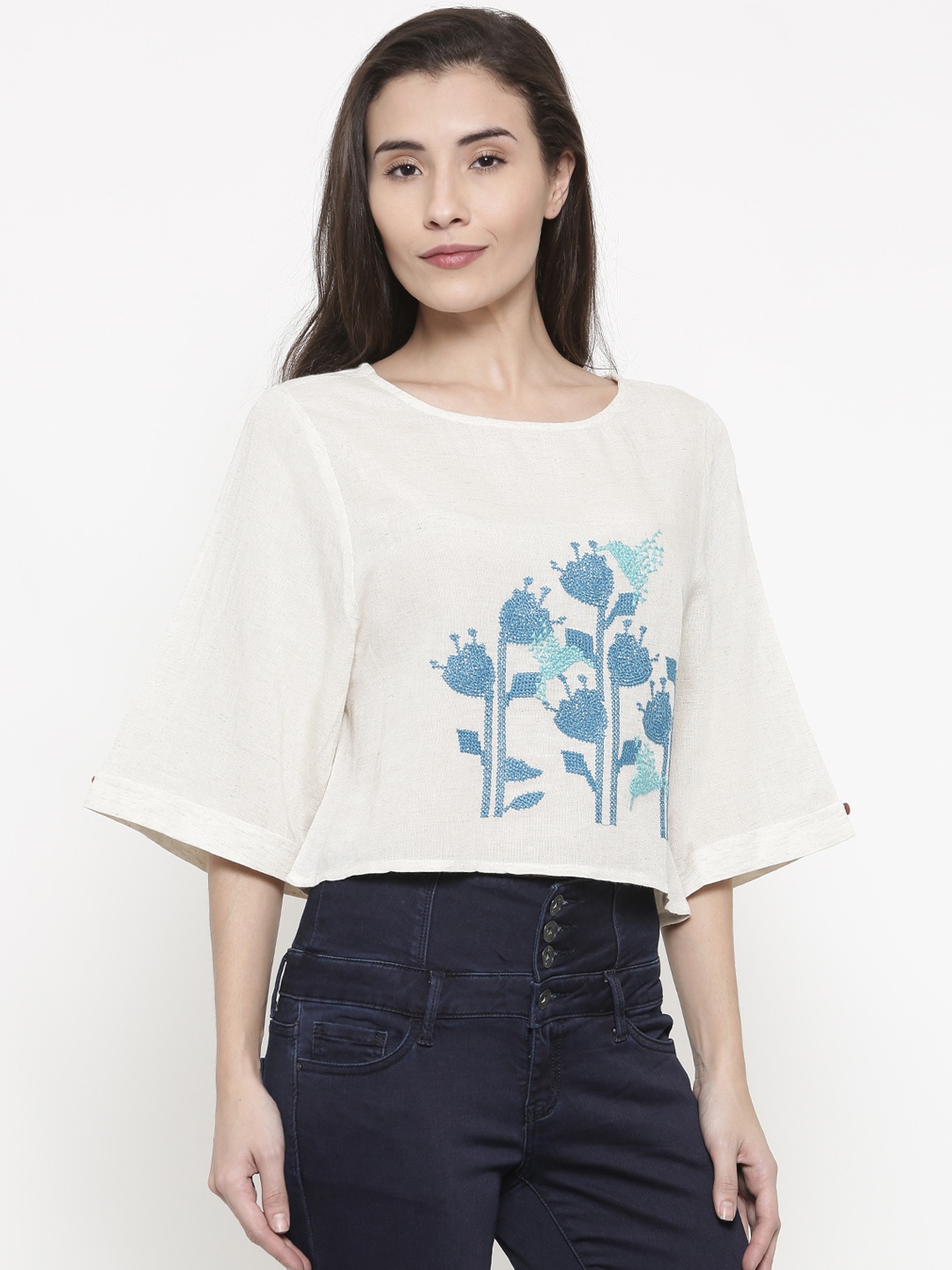Global Desi Women Off-White Self-Design Top