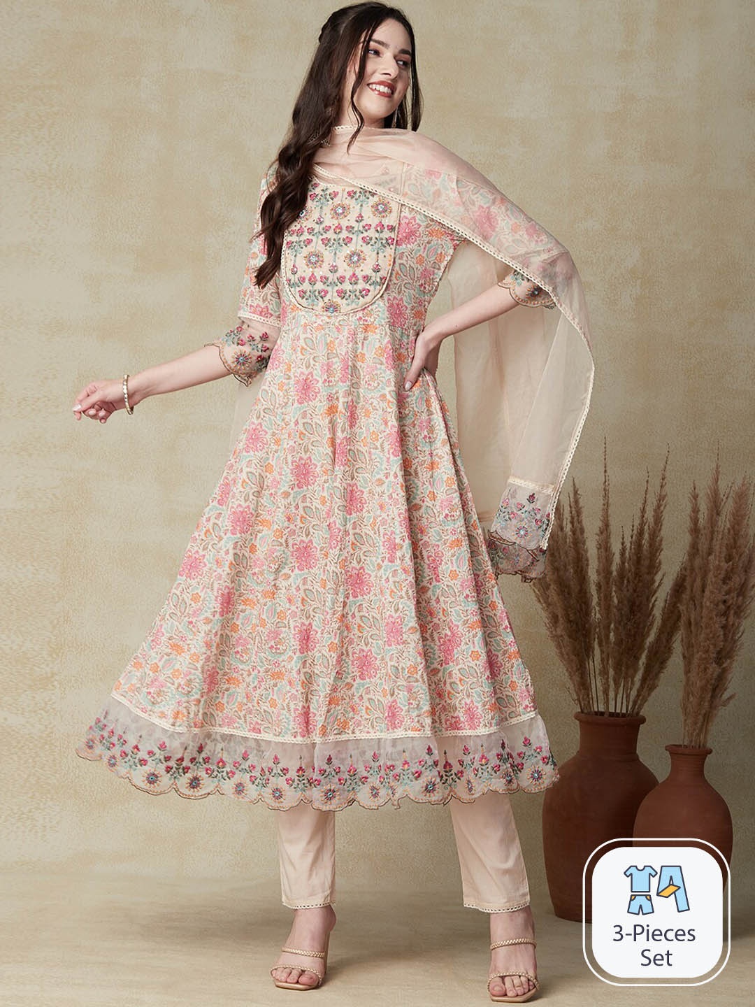 FASHOR Floral Printed Empire Mirror Work Pure Cotton Kurta With Trousers & Dupatta, White
FASHOR Floral Printed Empire Mirror Work Pure Cotton Kurta With Trousers & Dupatta, White