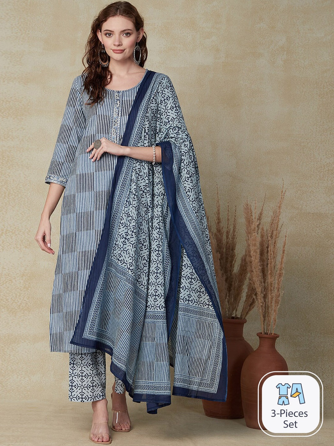 FASHOR Striped Regular Thread Work Detailed Pure Cotton Kurta & Trousers With Dupatta, Blue
FASHOR Striped Regular Thread Work Detailed Pure Cotton Kurta & Trousers With Dupatta, Blue