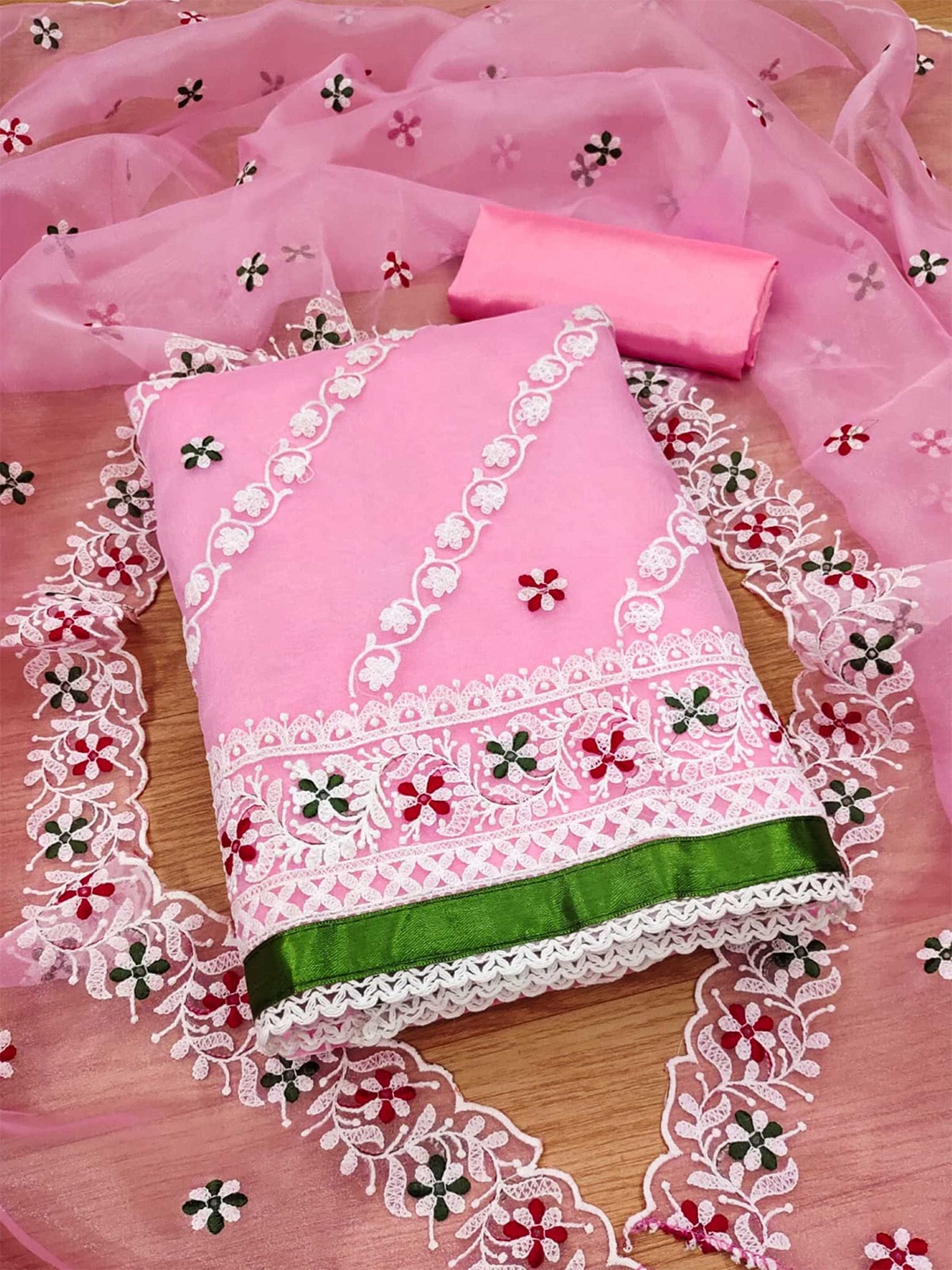 KALINI Floral Embroidered Organza Unstitched Dress Material, Pink