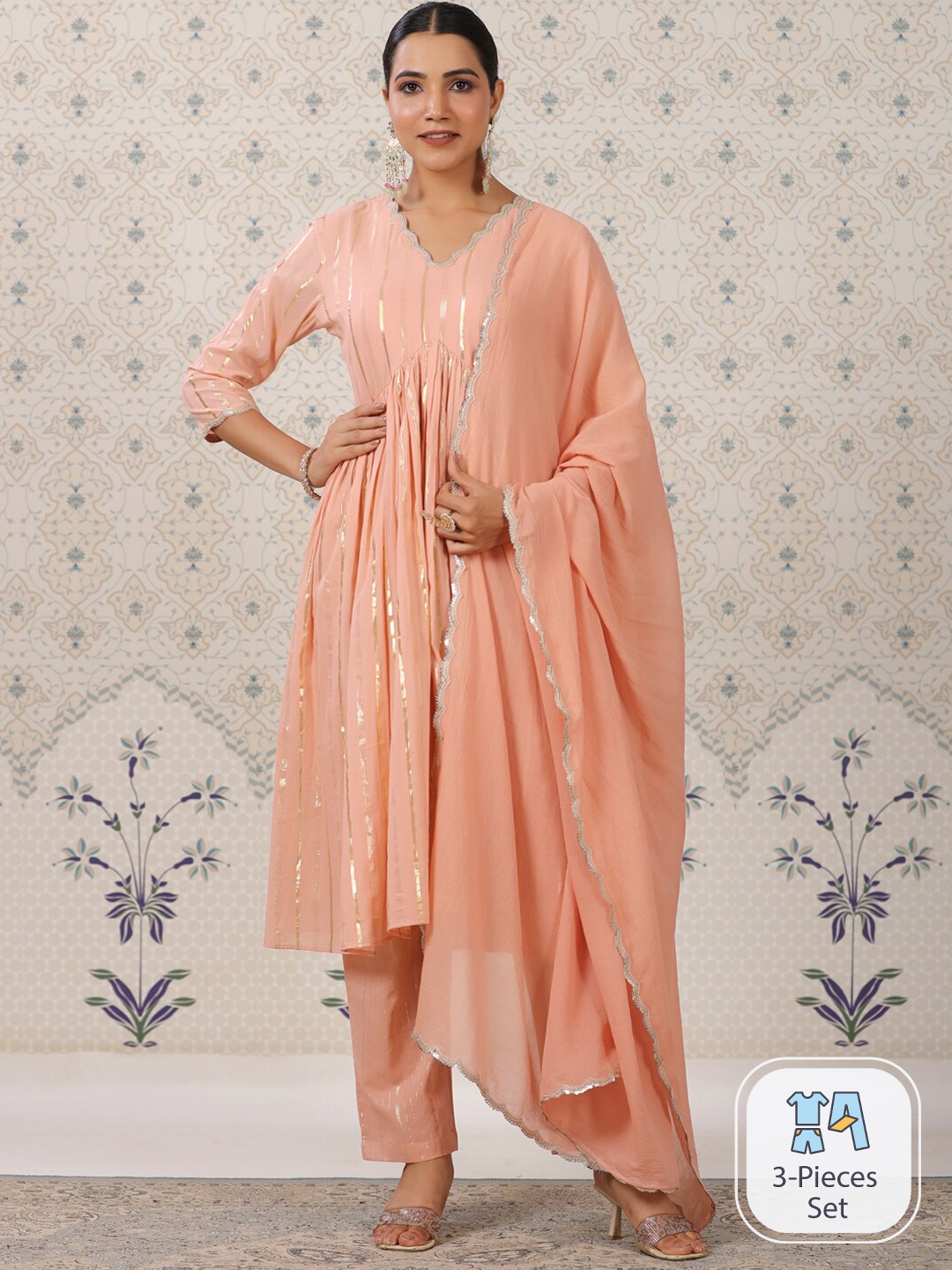 Ode by House of Pataudi Striped Gotta Patti Pure Cotton Kurta with Pyjamas & Dupatta, Peach
Ode by House of Pataudi Striped Gotta Patti Pure Cotton Kurta with Pyjamas & Dupatta, Peach