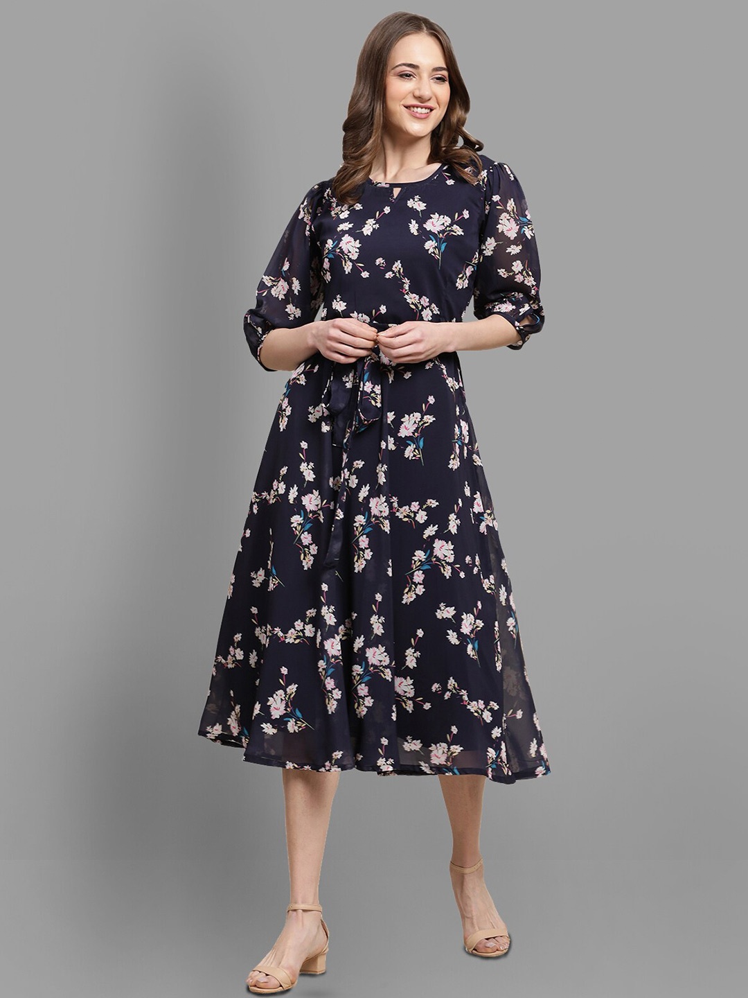 Fabflee Keyhole Neck Floral Printed Puff Sleeve A-Line Midi Dress With A Belt, Navy blue
Fabflee Keyhole Neck Floral Printed Puff Sleeve A-Line Midi Dress With A Belt, Navy blue