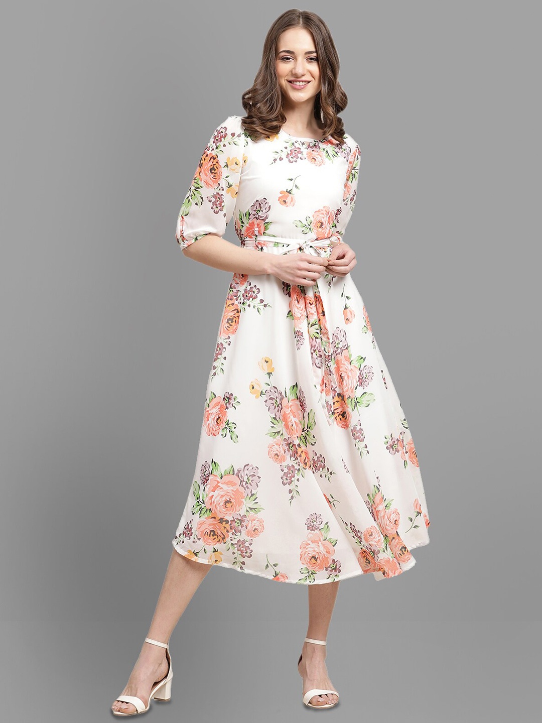Fabflee Floral Printed Georgette Fit & Flare Midi Dress, Cream