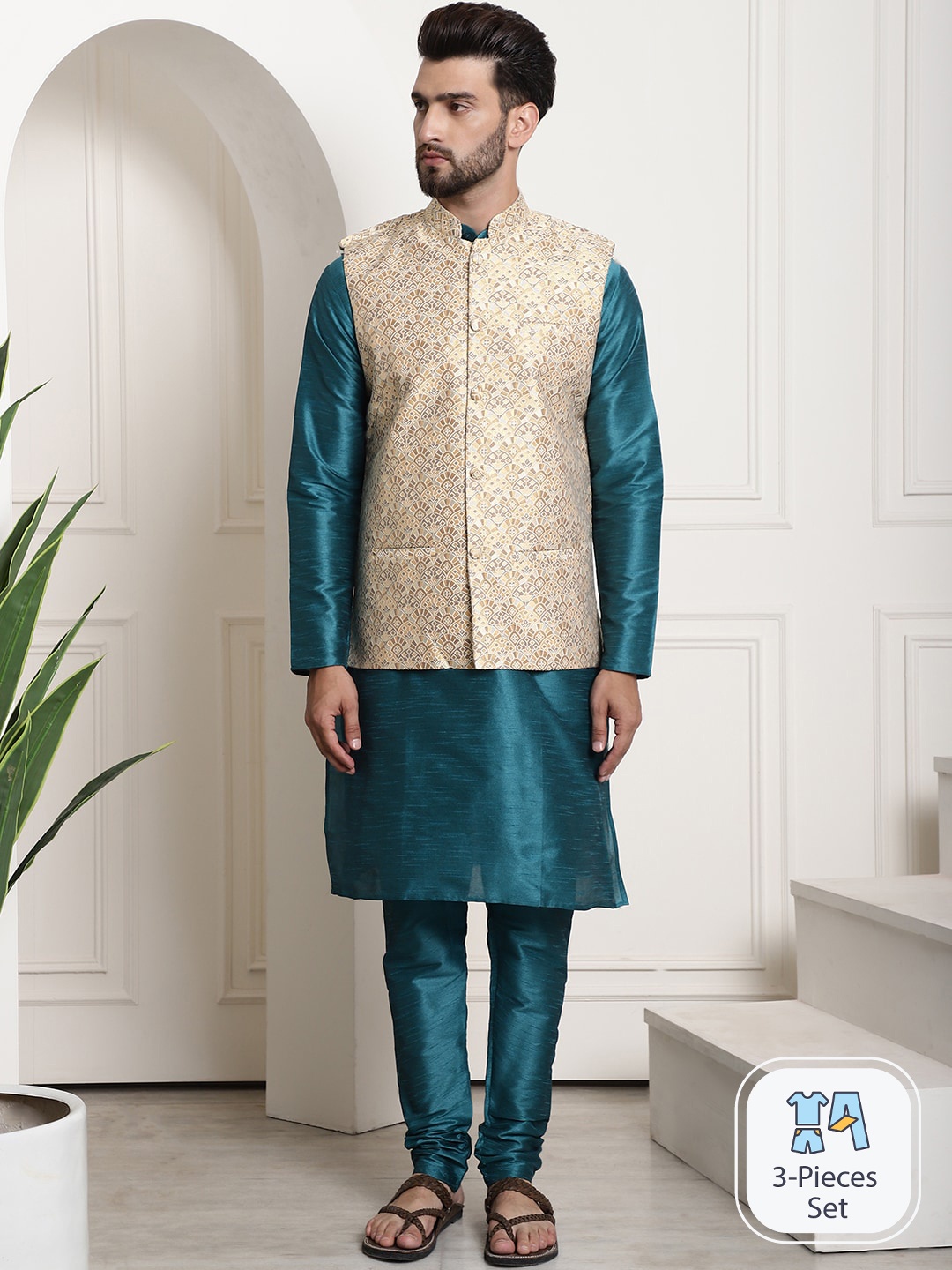 SOJANYA Mandarin Collar Dupion Silk Straight Kurta With Churidar & Nehru Jacket, Teal
SOJANYA Mandarin Collar Dupion Silk Straight Kurta With Churidar & Nehru Jacket, Teal