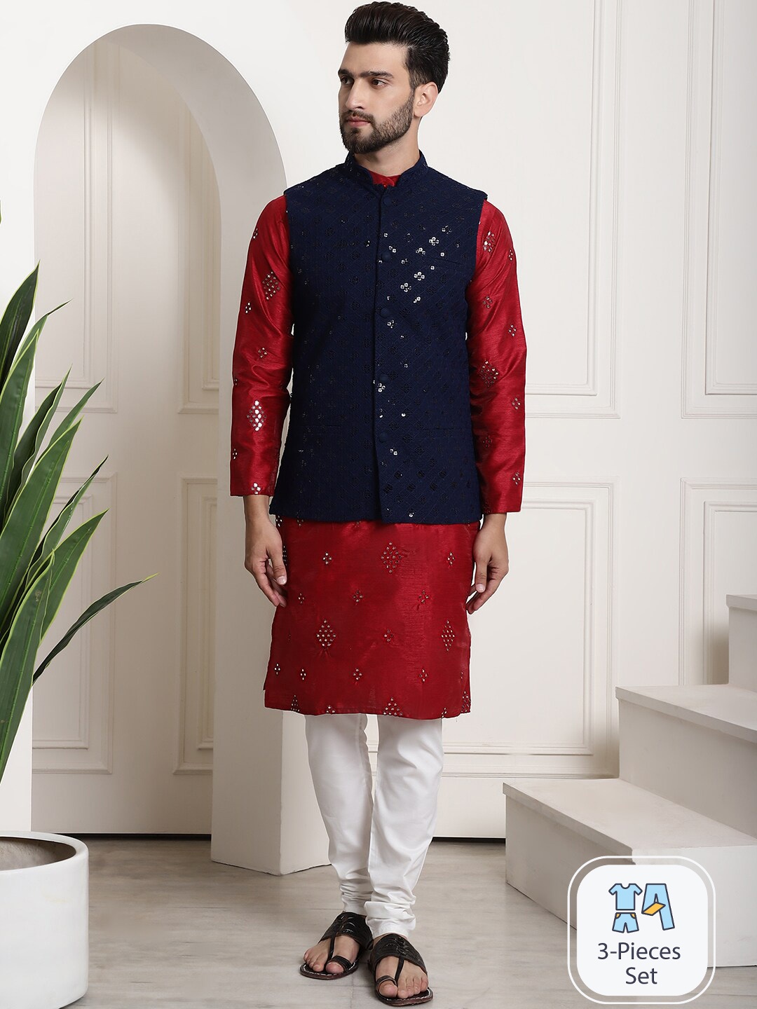 SOJANYA Ethnic Motifs Embroidered Mirror Work Straight Kurta With Churidar & Jacket, Maroon
SOJANYA Ethnic Motifs Embroidered Mirror Work Straight Kurta With Churidar & Jacket, Maroon