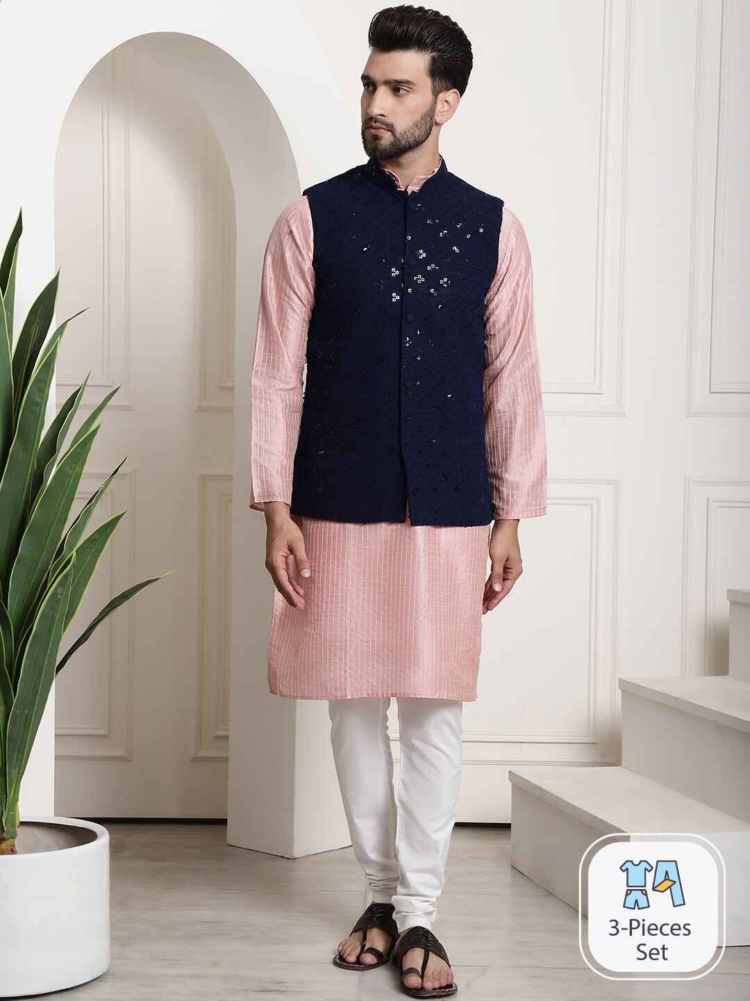 SOJANYA Striped Regular Silk Cotton Kurta With Pyjama & Embellished Nehru Jacket, Pink
SOJANYA Striped Regular Silk Cotton Kurta With Pyjama & Embellished Nehru Jacket, Pink