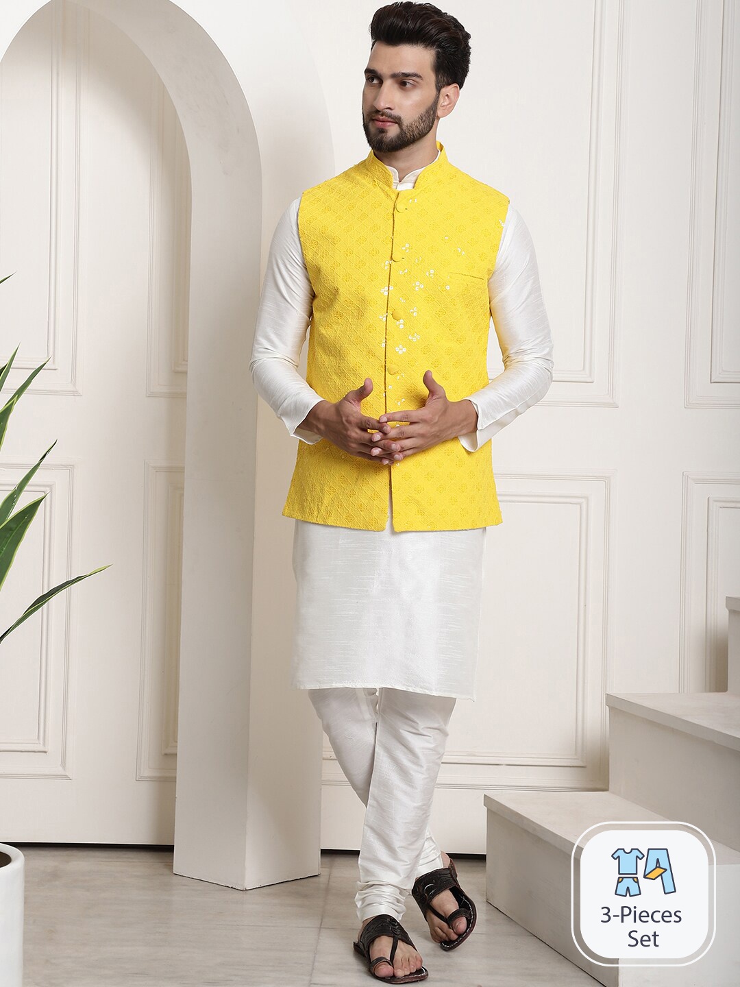SOJANYA Band Collar Embroidered Straight Cotton Kurta With Churidar With Nehru Jacket, Cream
SOJANYA Band Collar Embroidered Straight Cotton Kurta With Churidar With Nehru Jacket, Cream