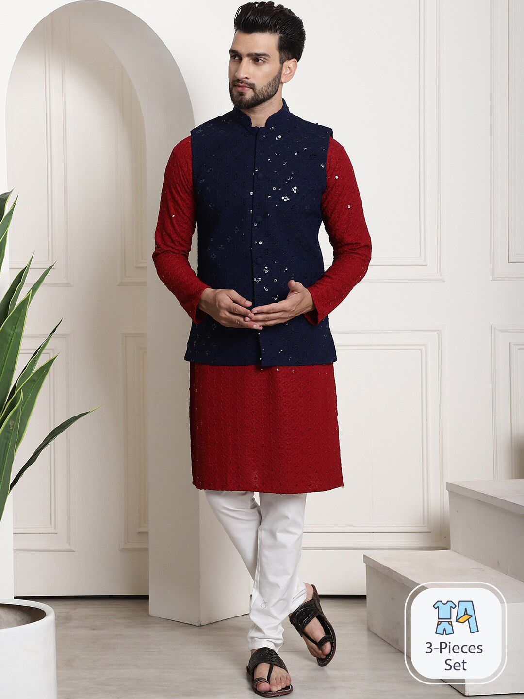 SOJANYA Geometric Embroidered Sequinned Pure Cotton Kurta With Churidar & Nehrujacket, Maroon
SOJANYA Geometric Embroidered Sequinned Pure Cotton Kurta With Churidar & Nehrujacket, Maroon