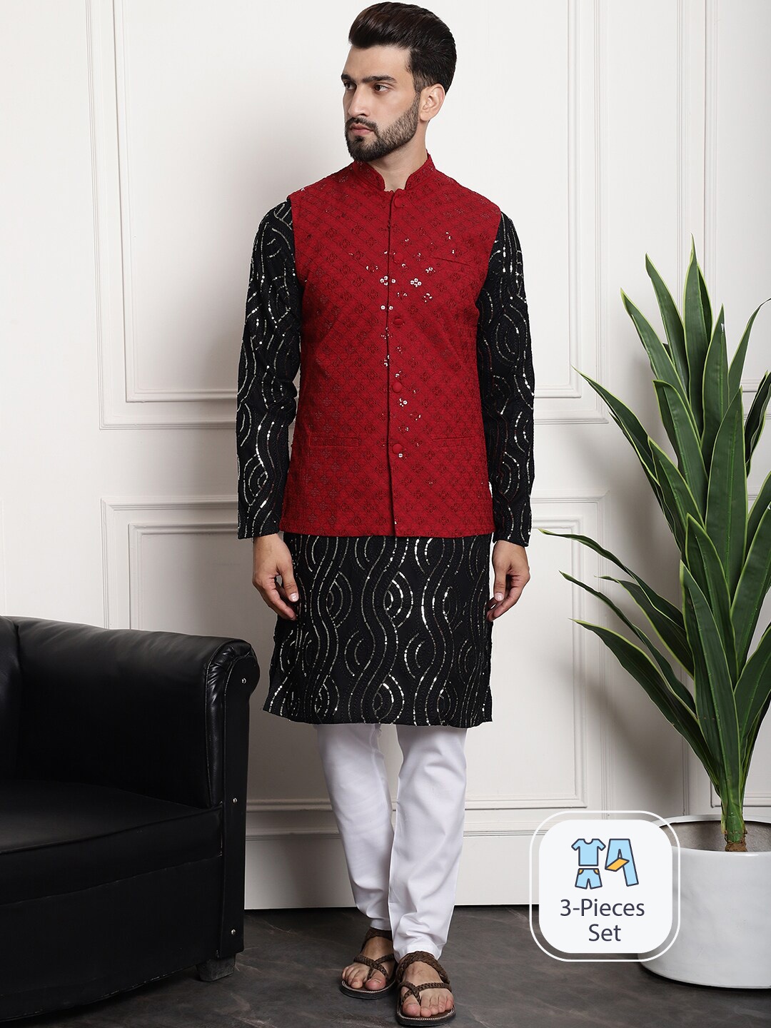 SOJANYA Ethnic Motifs Embroidered Straight Cotton Kurta With Churidar With Nehru Jacket, Black
SOJANYA Ethnic Motifs Embroidered Straight Cotton Kurta With Churidar With Nehru Jacket, Black