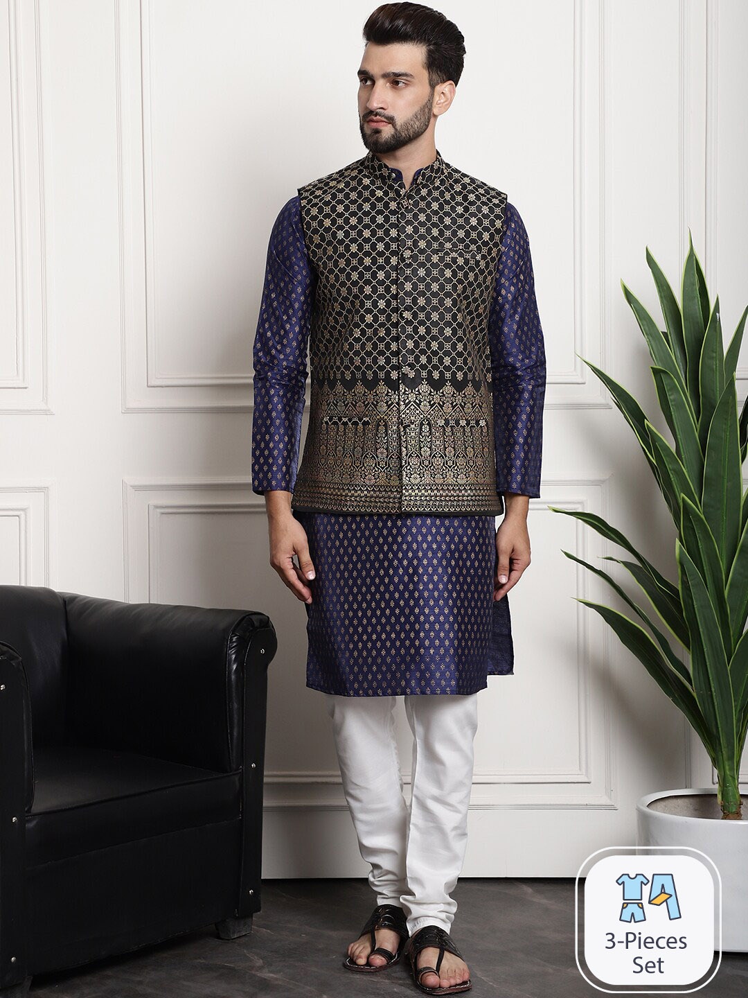 SOJANYA Ethnic Printed Mandarin Collar Straight Kurta With Churidar & Jacket, Navy blue
SOJANYA Ethnic Printed Mandarin Collar Straight Kurta With Churidar & Jacket, Navy blue