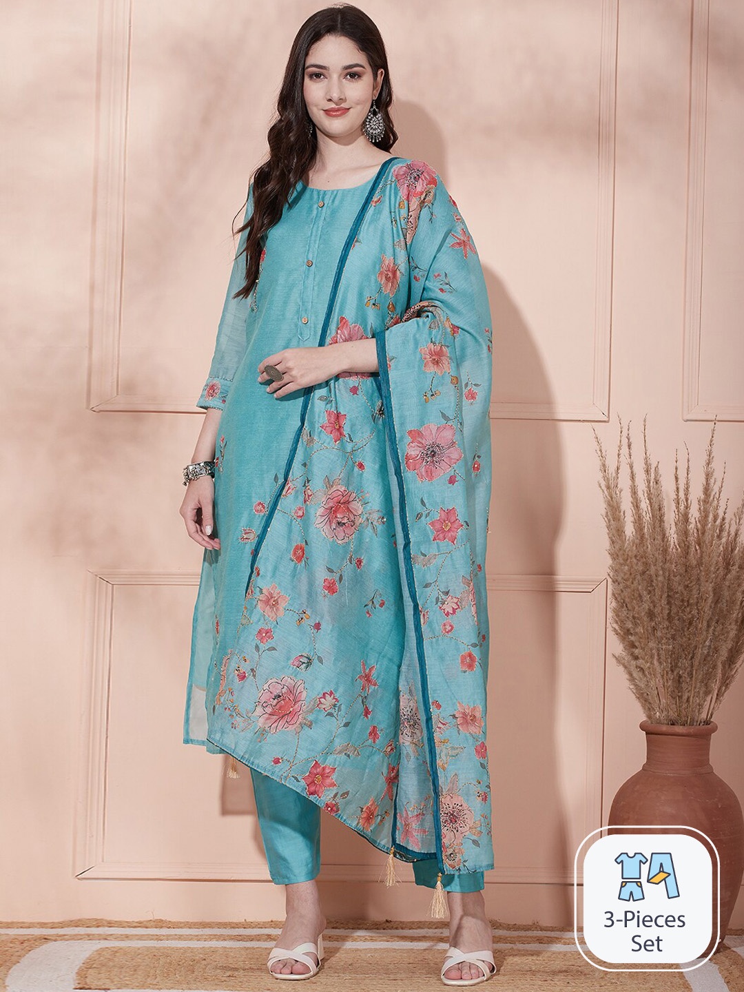 FASHOR Floral Printed Regular Beads and Stones Kurta With Trousers & Dupatta, Turquoise blue
FASHOR Floral Printed Regular Beads and Stones Kurta With Trousers & Dupatta, Turquoise blue
