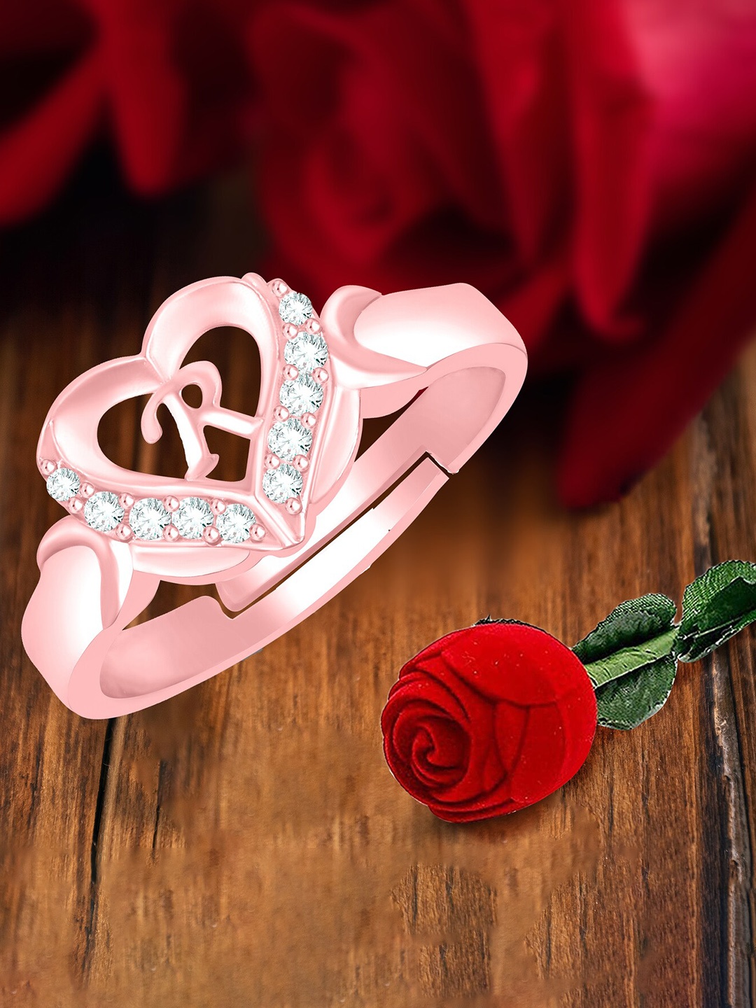 MEENAZ Rose Gold-Plated AD Studded R Alphabet Adjustable Ring With Rose Box
MEENAZ Rose Gold-Plated AD Studded R Alphabet Adjustable Ring With Rose Box