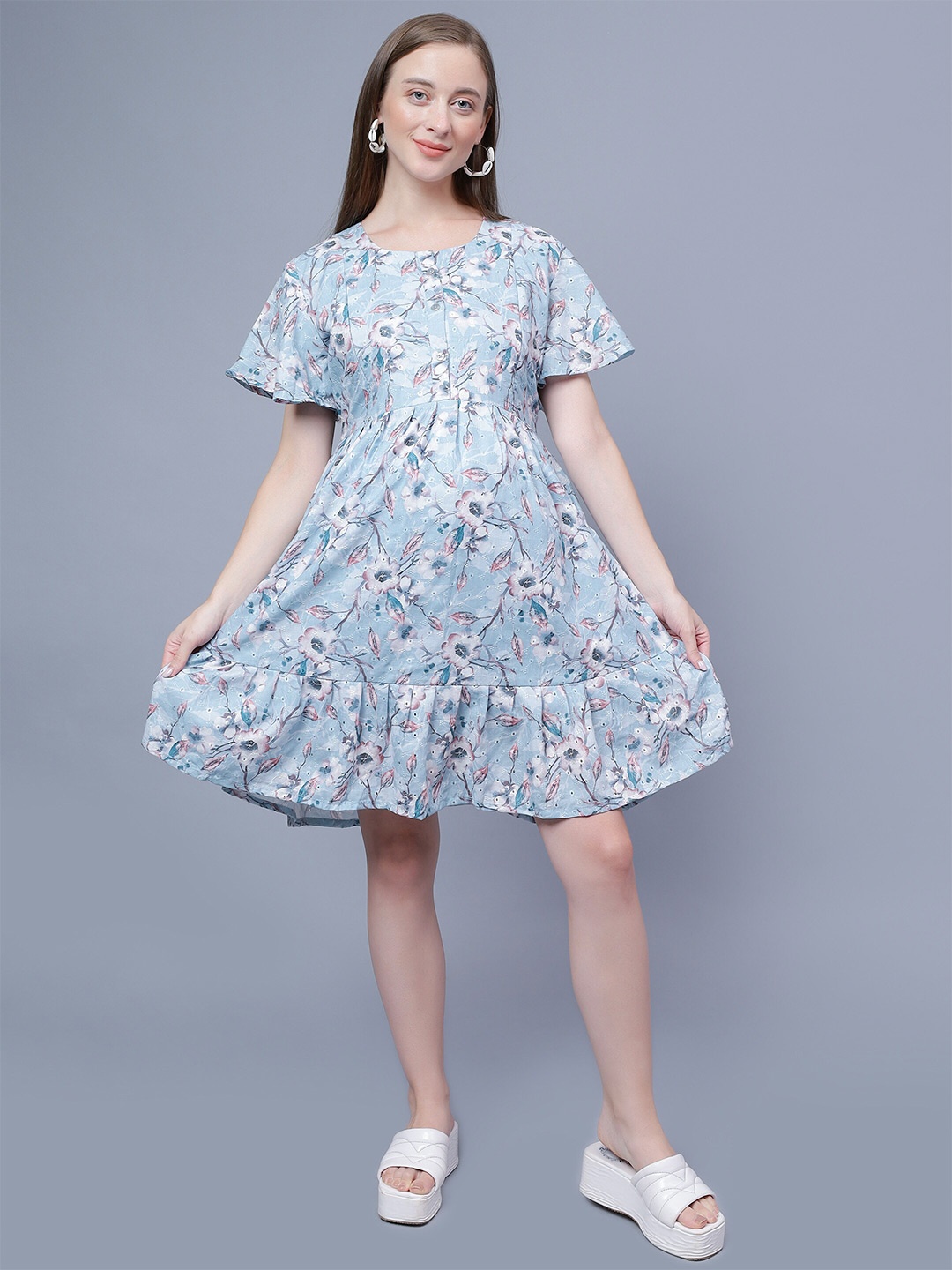 NIGHTSPREE Floral Printed Flared Sleeve Flounce Hem Cotton Maternity Fit & Flare Dress, Blue
NIGHTSPREE Floral Printed Flared Sleeve Flounce Hem Cotton Maternity Fit & Flare Dress, Blue