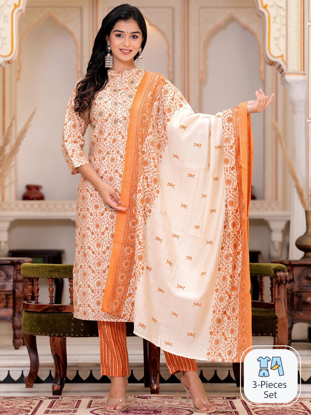 PREKSHA Ethnic Motifs Embroidered Mandarin Collar Work Kurta with Trousers & With Dupatta, Peach
PREKSHA Ethnic Motifs Embroidered Mandarin Collar Work Kurta with Trousers & With Dupatta, Peach
