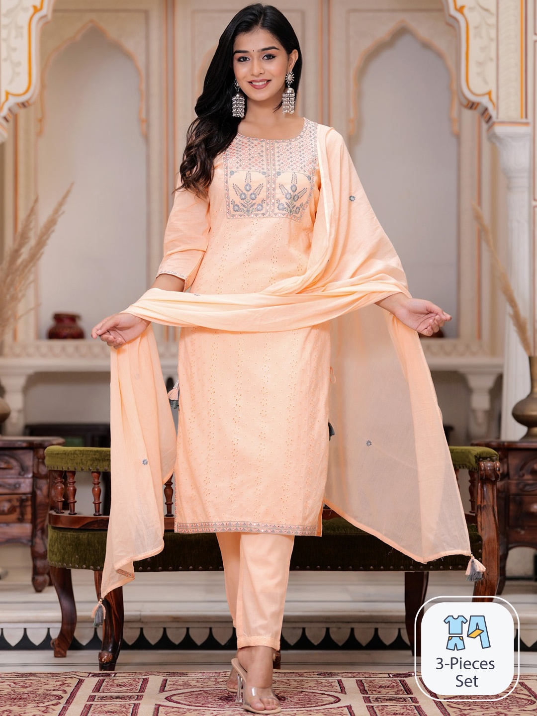 PREKSHA Floral Embroidered Thread Work Pure Cotton Kurta with Trousers & With, Peach
PREKSHA Floral Embroidered Thread Work Pure Cotton Kurta with Trousers & With, Peach