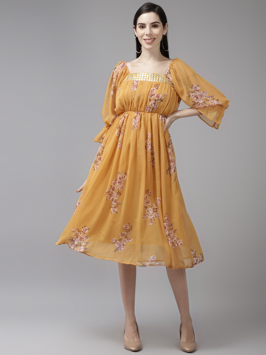 BAESD Floral Printed Gathered & Pleated Flared Sleeve Georgette A-Line Midi Dress, Mustard
BAESD Floral Printed Gathered & Pleated Flared Sleeve Georgette A-Line Midi Dress, Mustard