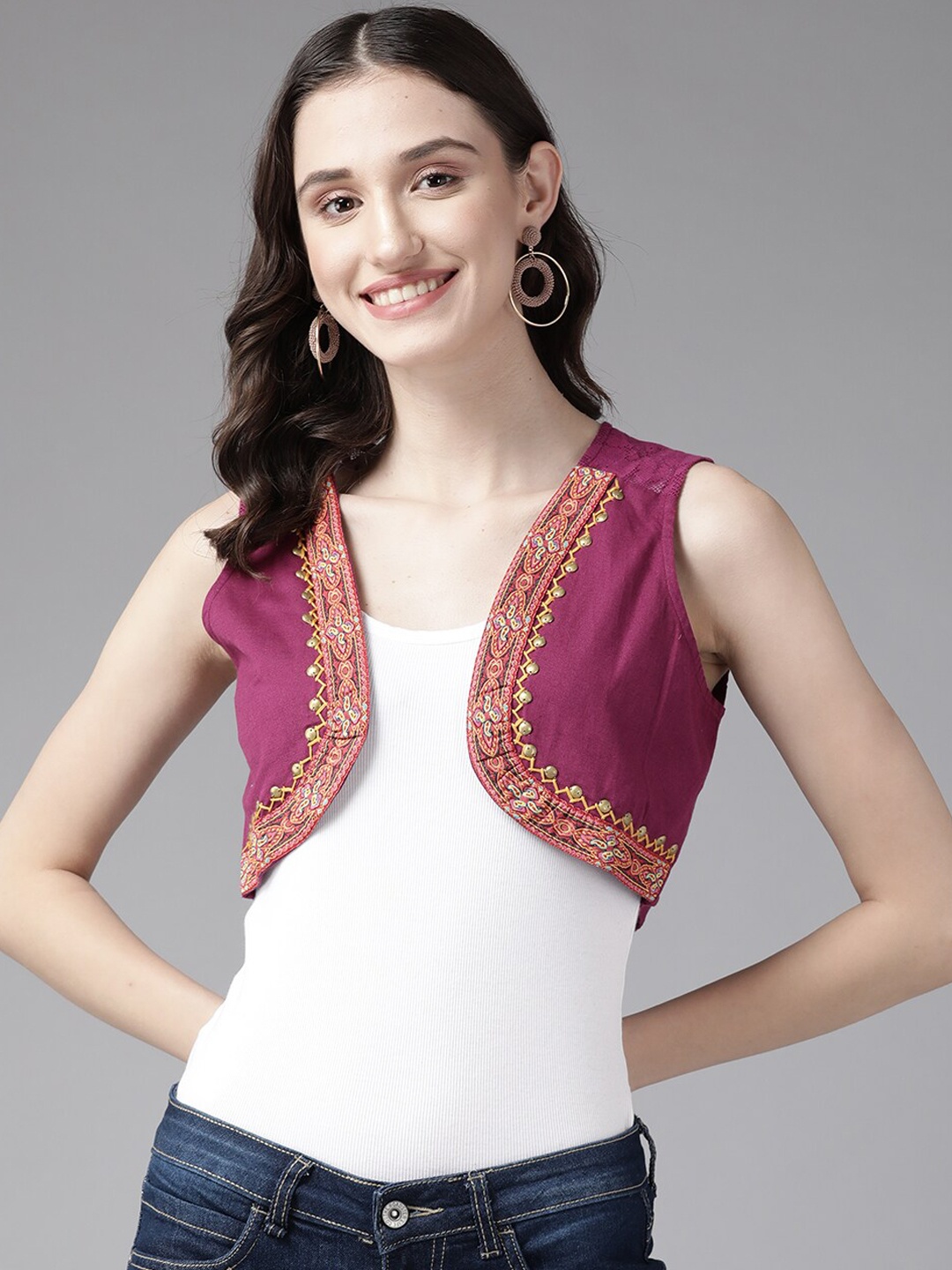 BAESD Embroidered Open Front Crop Shrug, Purple