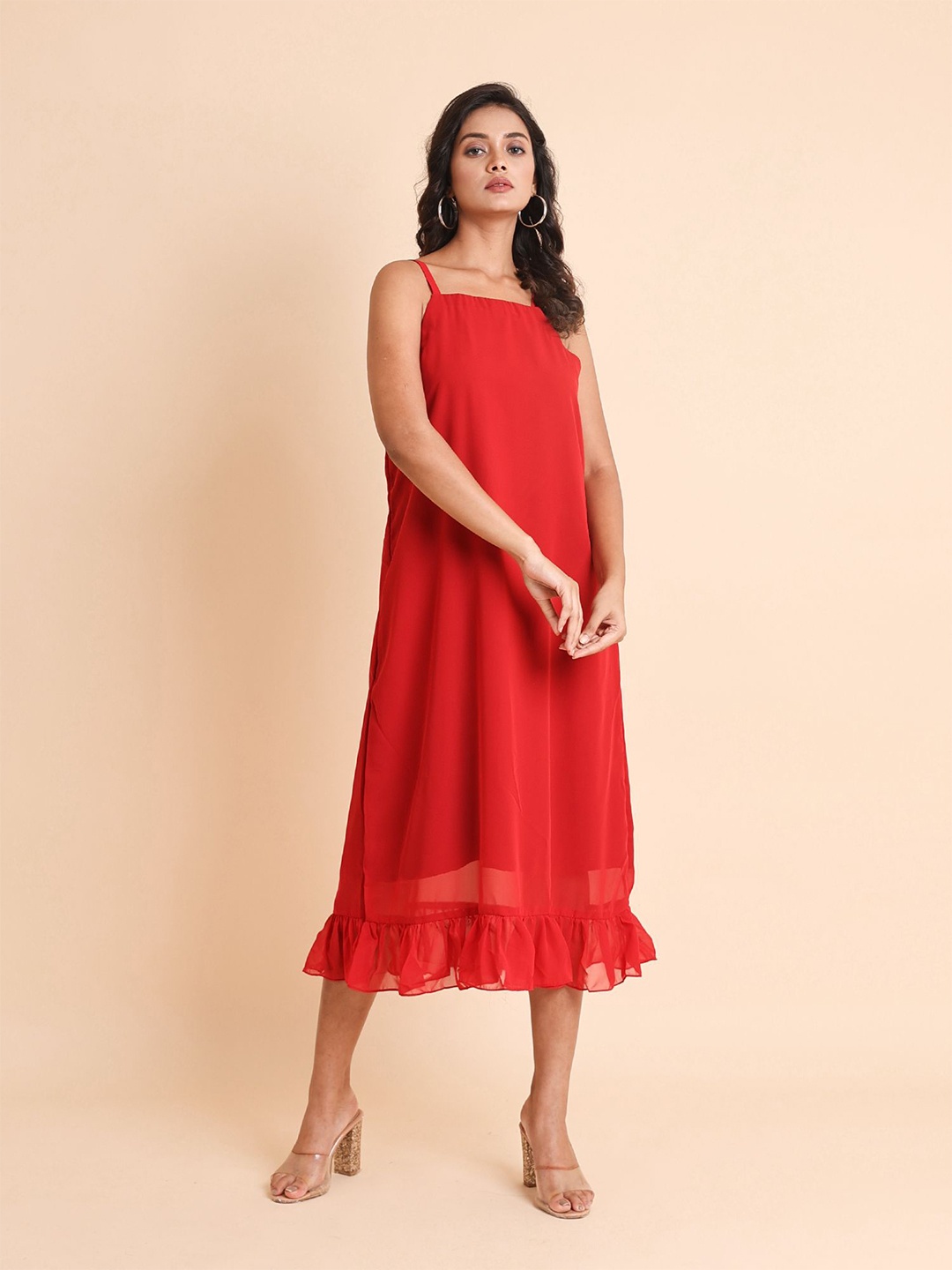 Disli Shoulder Straps Georgette A-Line Midi Dress, Red