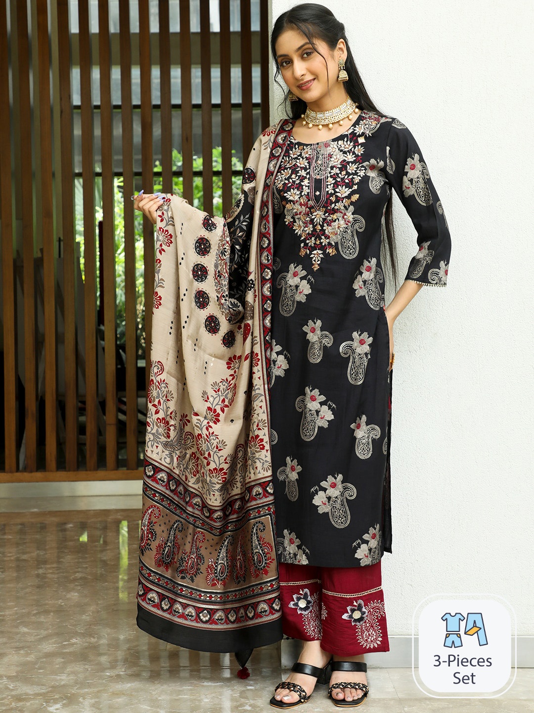 AKS Couture Floral Printed Thread Work Chanderi Silk Kurta With Sharara & Dupatta, Black
AKS Couture Floral Printed Thread Work Chanderi Silk Kurta With Sharara & Dupatta, Black