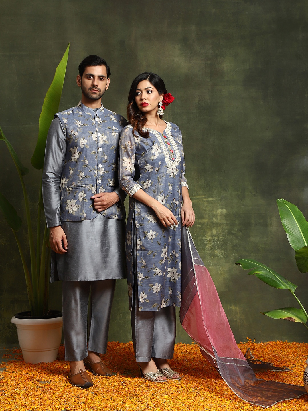 AKS Couture Floral Printed Chanderi Silk Straight Kurta with Palazzos & Dupatta, Grey
AKS Couture Floral Printed Chanderi Silk Straight Kurta with Palazzos & Dupatta, Grey