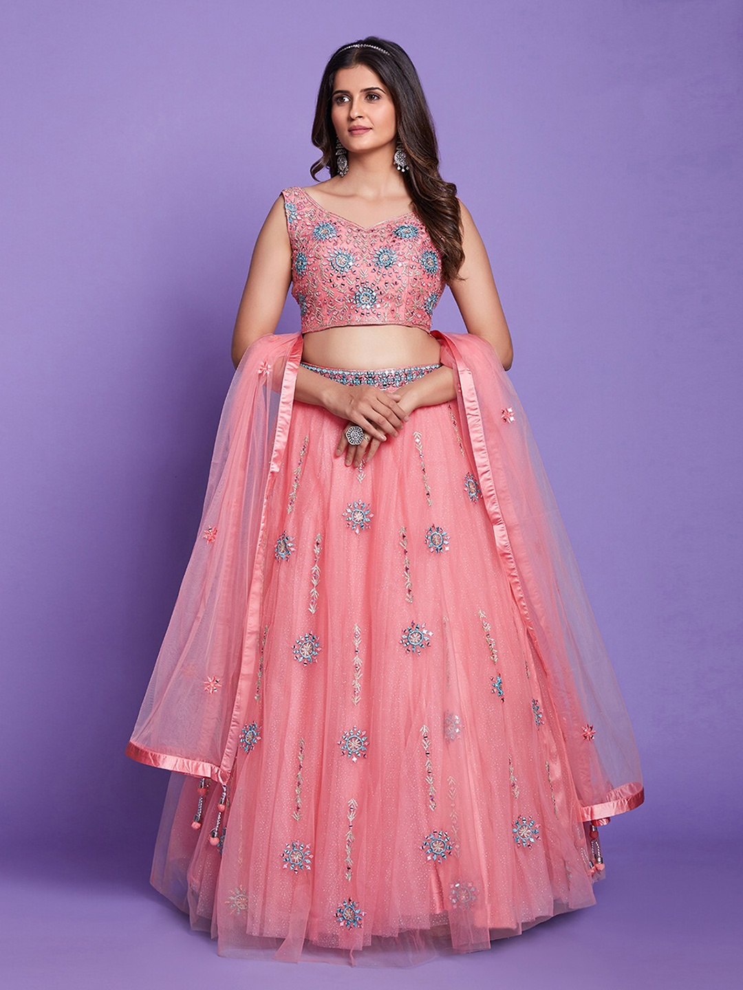 ODETTE Embroidered Mirror Work Ready to Wear Lehenga & Blouse With Dupatta, Peach
ODETTE Embroidered Mirror Work Ready to Wear Lehenga & Blouse With Dupatta, Peach