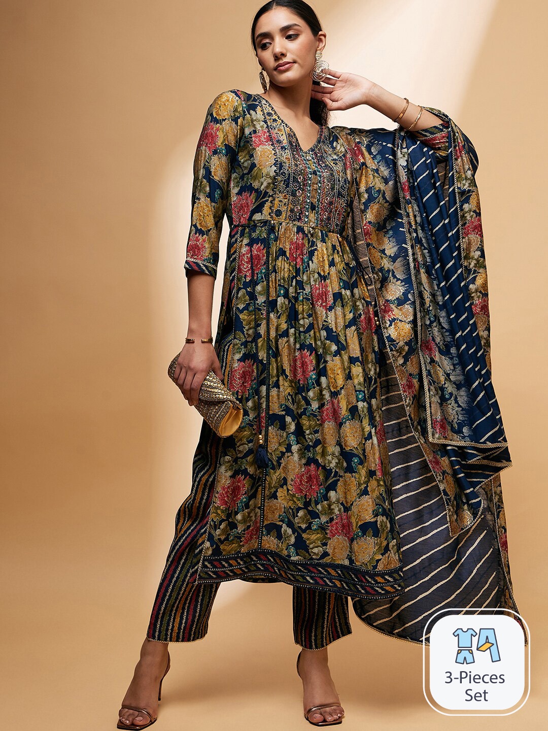 all about you Floral Embroidered Sequinned A Line Kurta With Trousers & Dupatta, Navy blue
all about you Floral Embroidered Sequinned A Line Kurta With Trousers & Dupatta, Navy blue