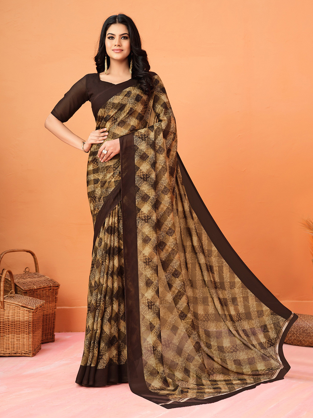 Dori Checked Pure Georgette Saree, Brown 
Dori Checked Pure Georgette Saree, Brown