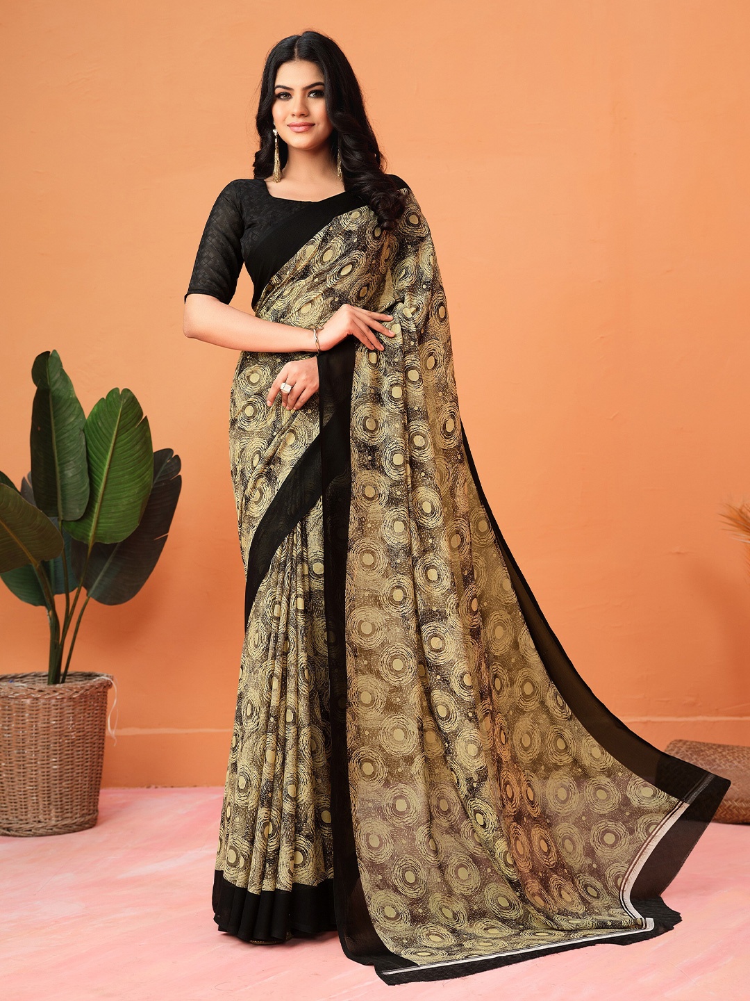 Dori Geometric Printed Pure Georgette Saree, Black