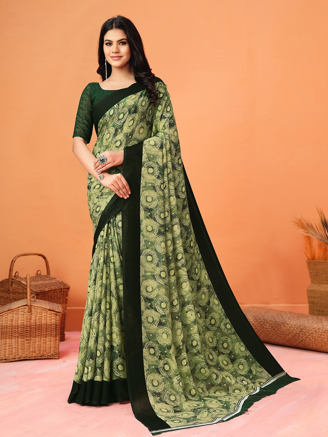 Dori Geometric Printed Pure Georgette Saree, Green