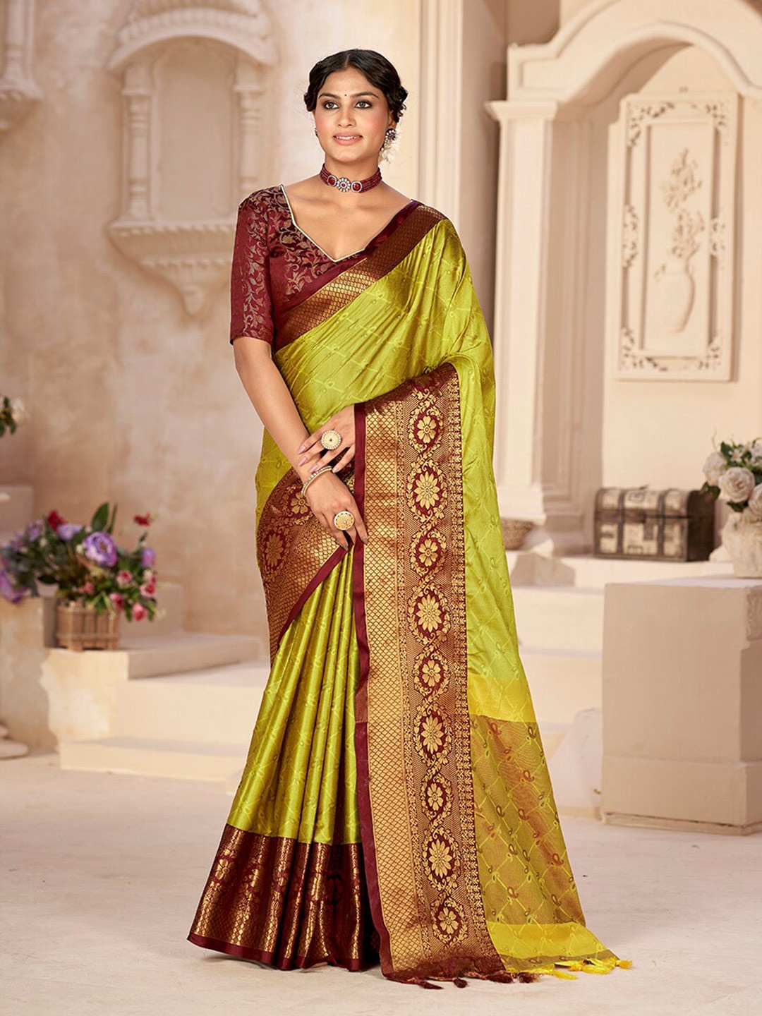 Mitera Yellow & Maroon Ethnic Motifs Woven Design Zari Pure Silk Banarasi Saree, Gold
Mitera Yellow & Maroon Ethnic Motifs Woven Design Zari Pure Silk Banarasi Saree, Gold