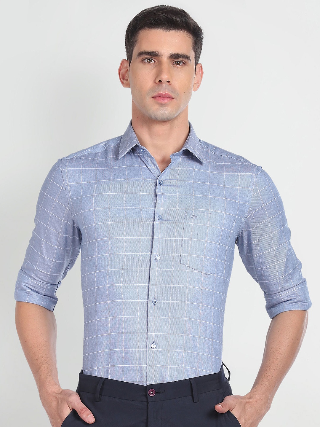

Arrow Slim Fit Windowpane Checks Spread Collar Long Sleeve Pocket Cotton Formal Shirt, Blue