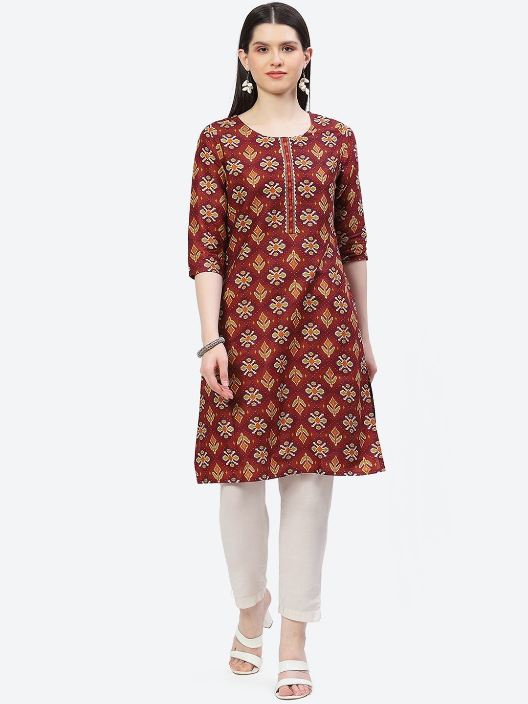 2Bme Ethnic Motifs Printed Round Neck Regular Kurta, Maroon