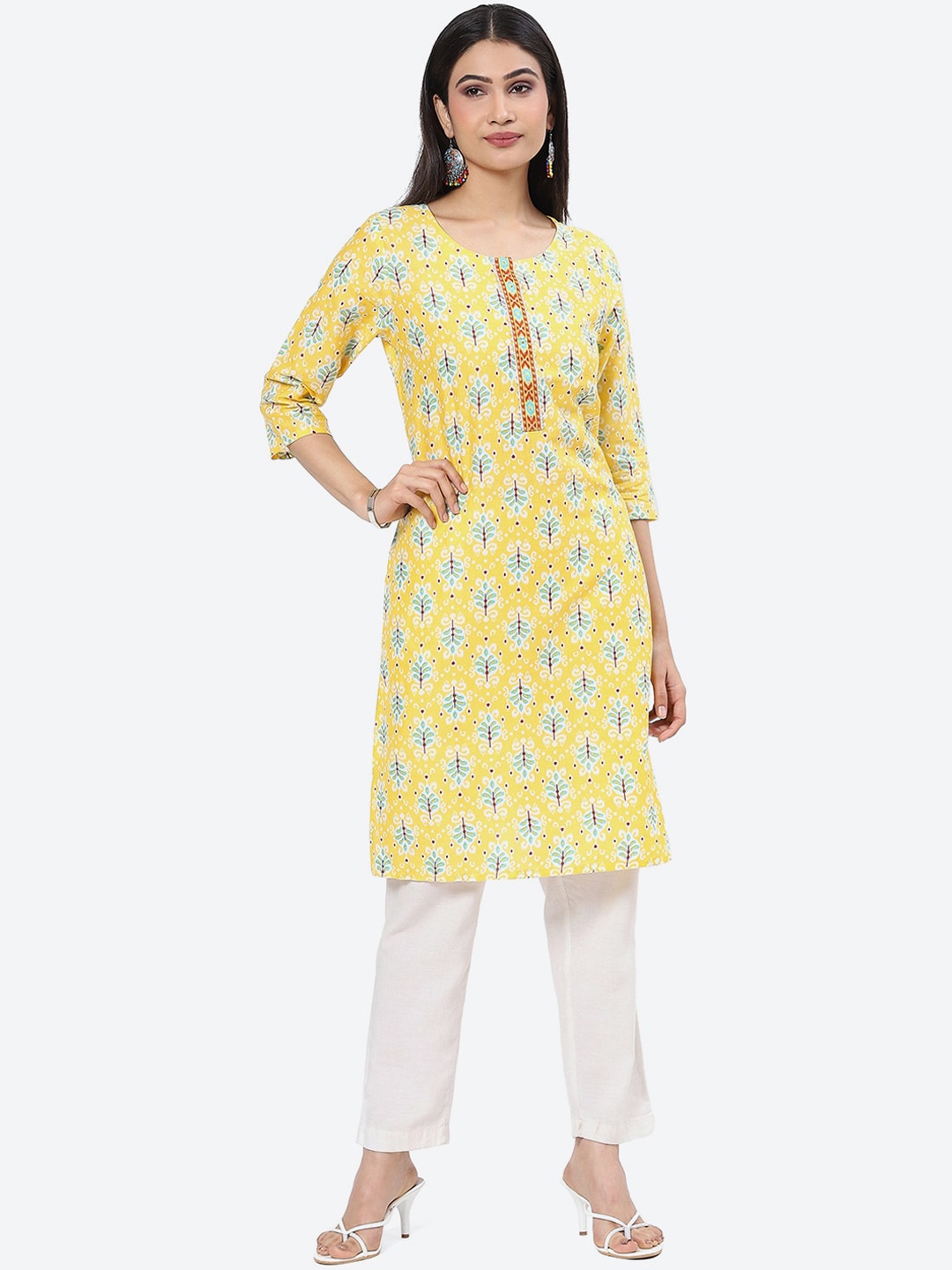 2Bme Floral Printed Cotton Kurta, Yellow