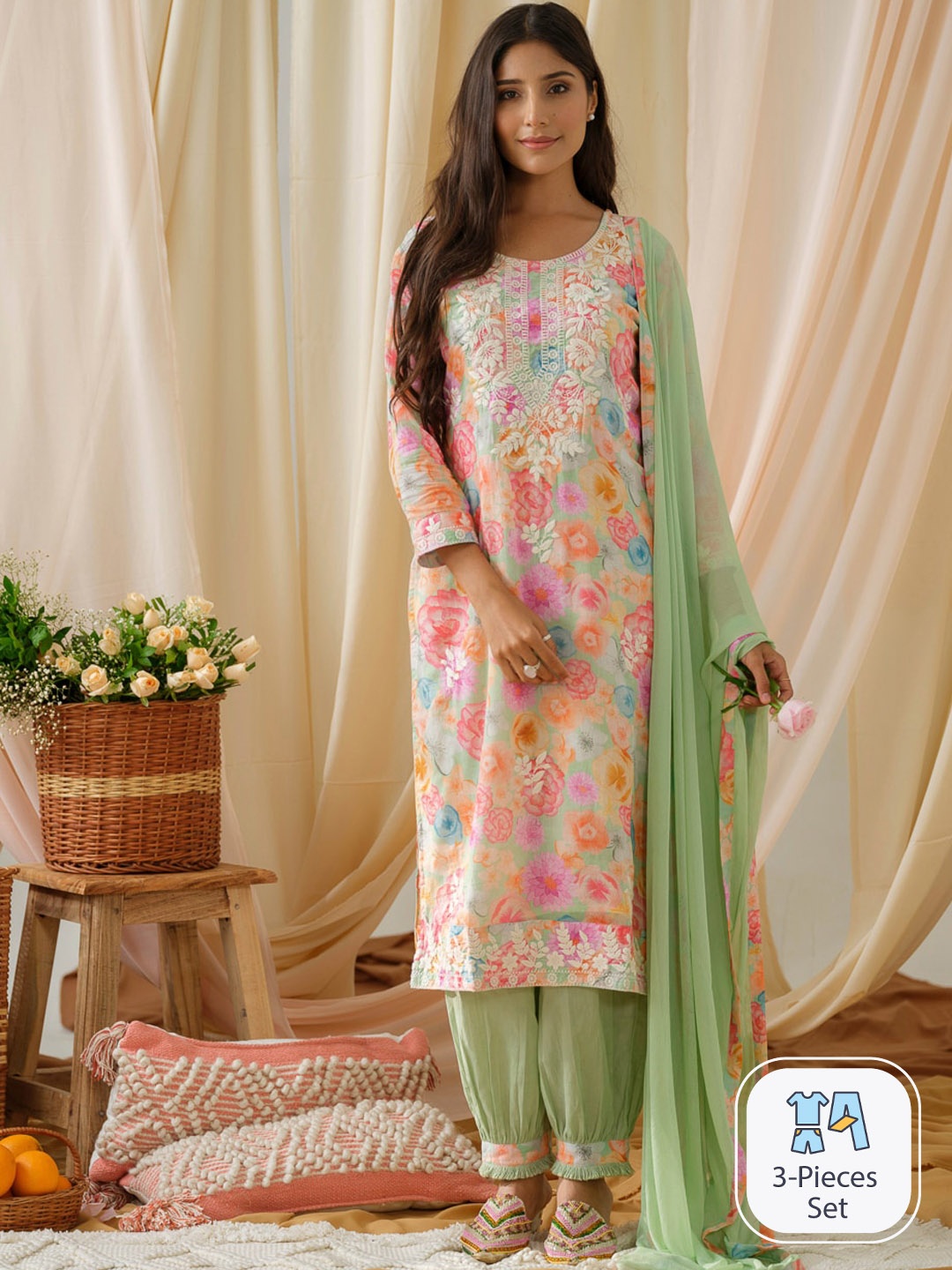 Ishin Floral Printed Regular Thread Work Pure Cotton Kurta & Salwar With Dupatta, Green
Ishin Floral Printed Regular Thread Work Pure Cotton Kurta & Salwar With Dupatta, Green