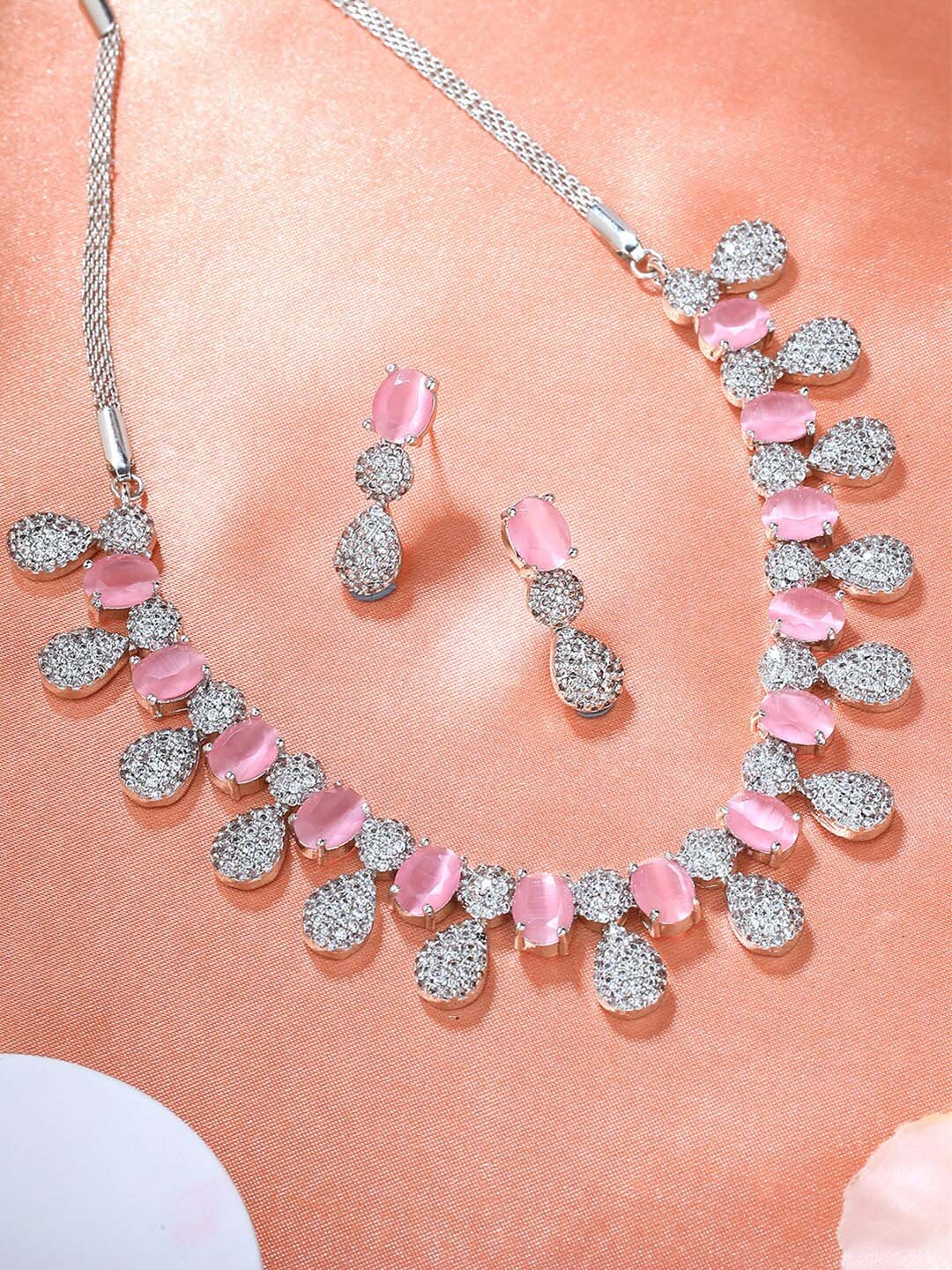 Estele Rhodium Plated Plated CZ Drop Shaped Necklace Set with Mint Pink Stones, Multi
Estele Rhodium Plated Plated CZ Drop Shaped Necklace Set with Mint Pink Stones, Multi