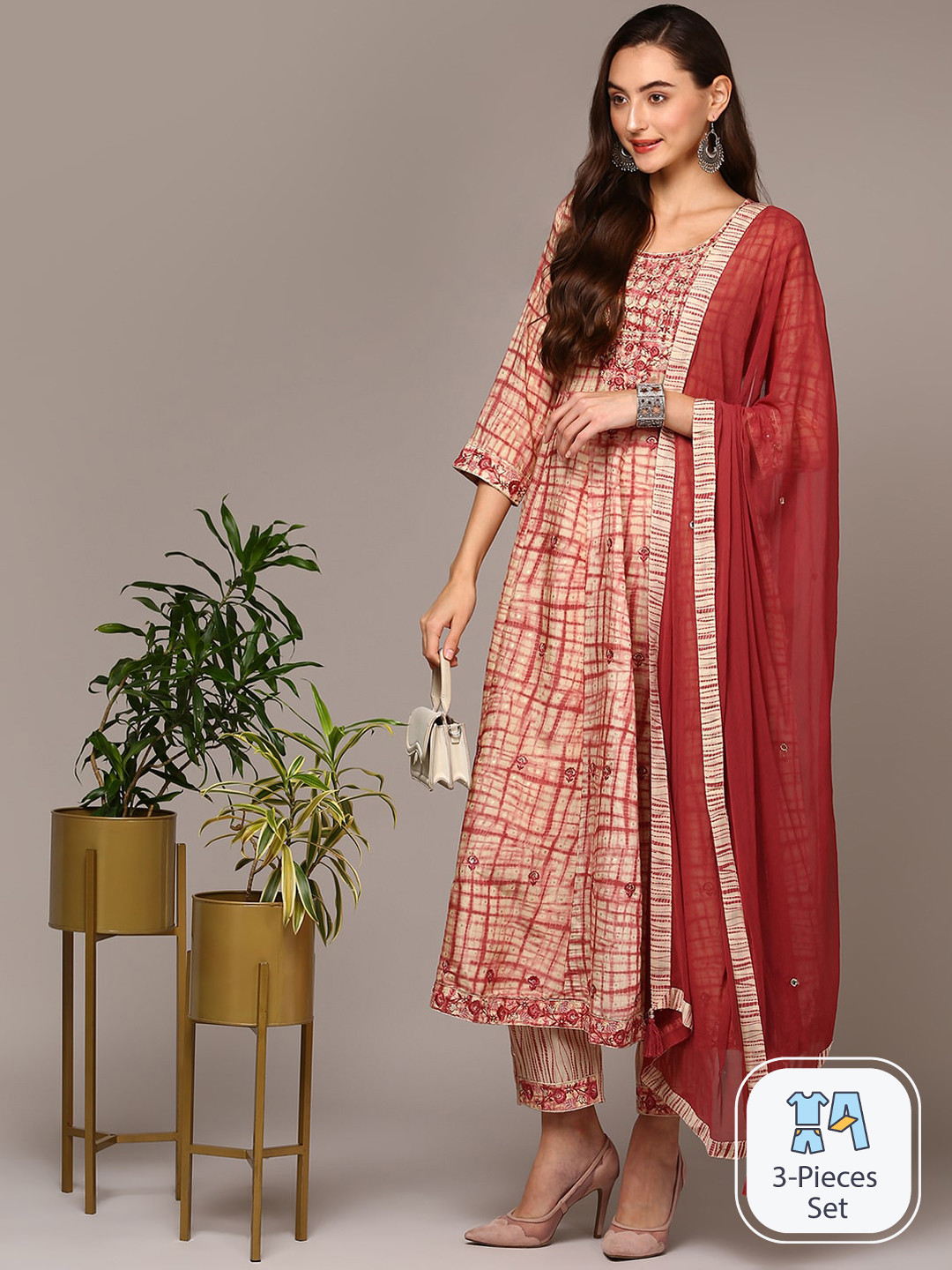 AHIKA Printed Empire Kurta with Trousers & With Dupatta, Beige 
AHIKA Printed Empire Kurta with Trousers & With Dupatta, Beige