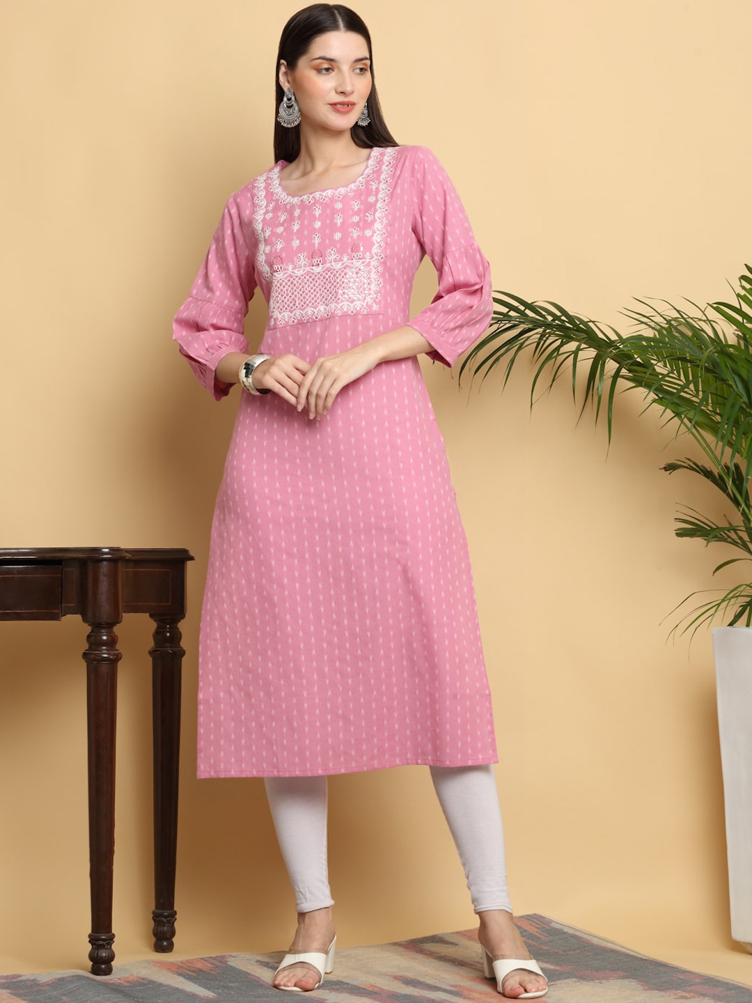 KALINI Geometric Yoke Design Sequinned Cotton Straight Kurta, Pink