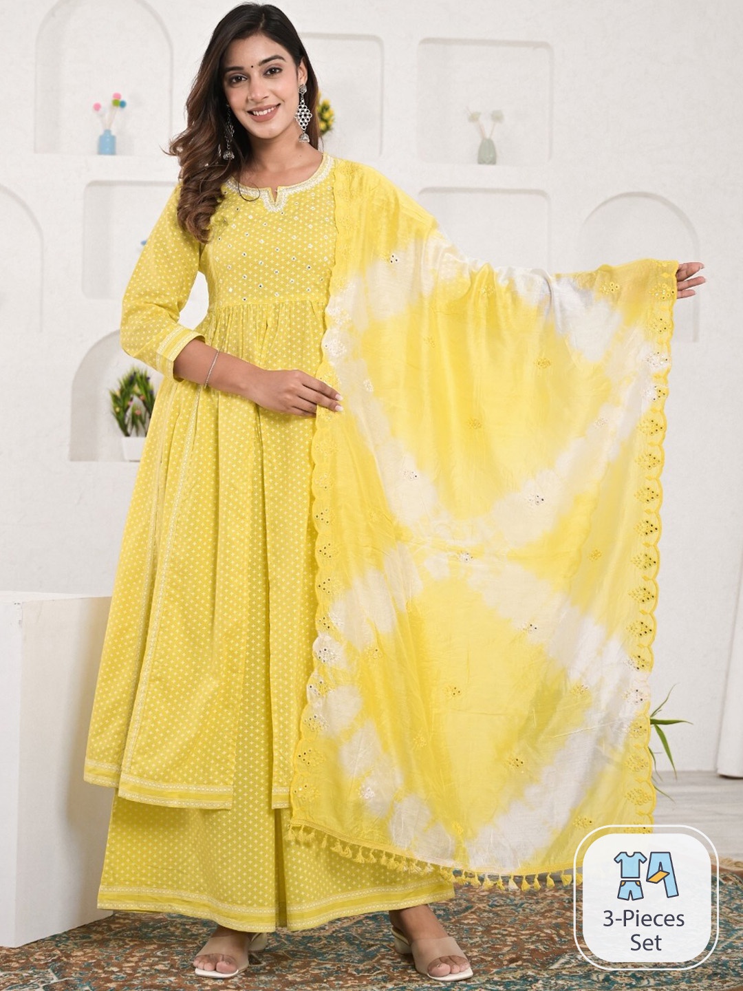 Sangria Polka Dots Printed & Embroidered A-Line Kurta With Palazzo & Dupatta, Yellow
Sangria Polka Dots Printed & Embroidered A-Line Kurta With Palazzo & Dupatta, Yellow