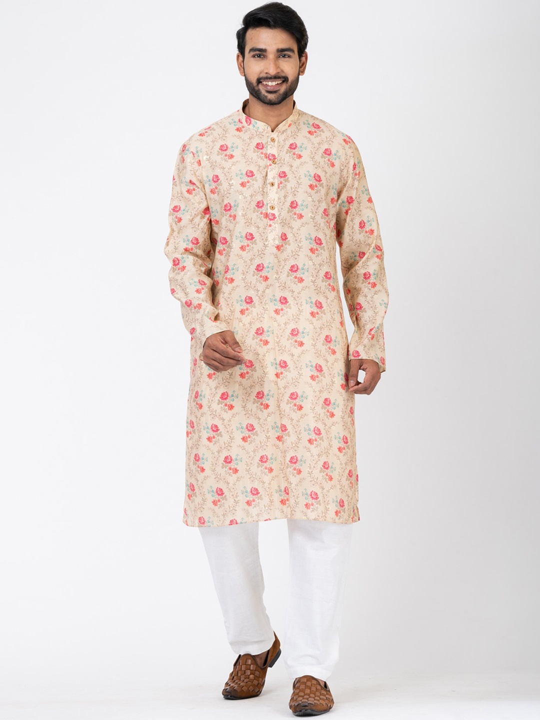 HU - Handcrafted Uniquely Floral Printed Mandarin Collar Kurta, Beige