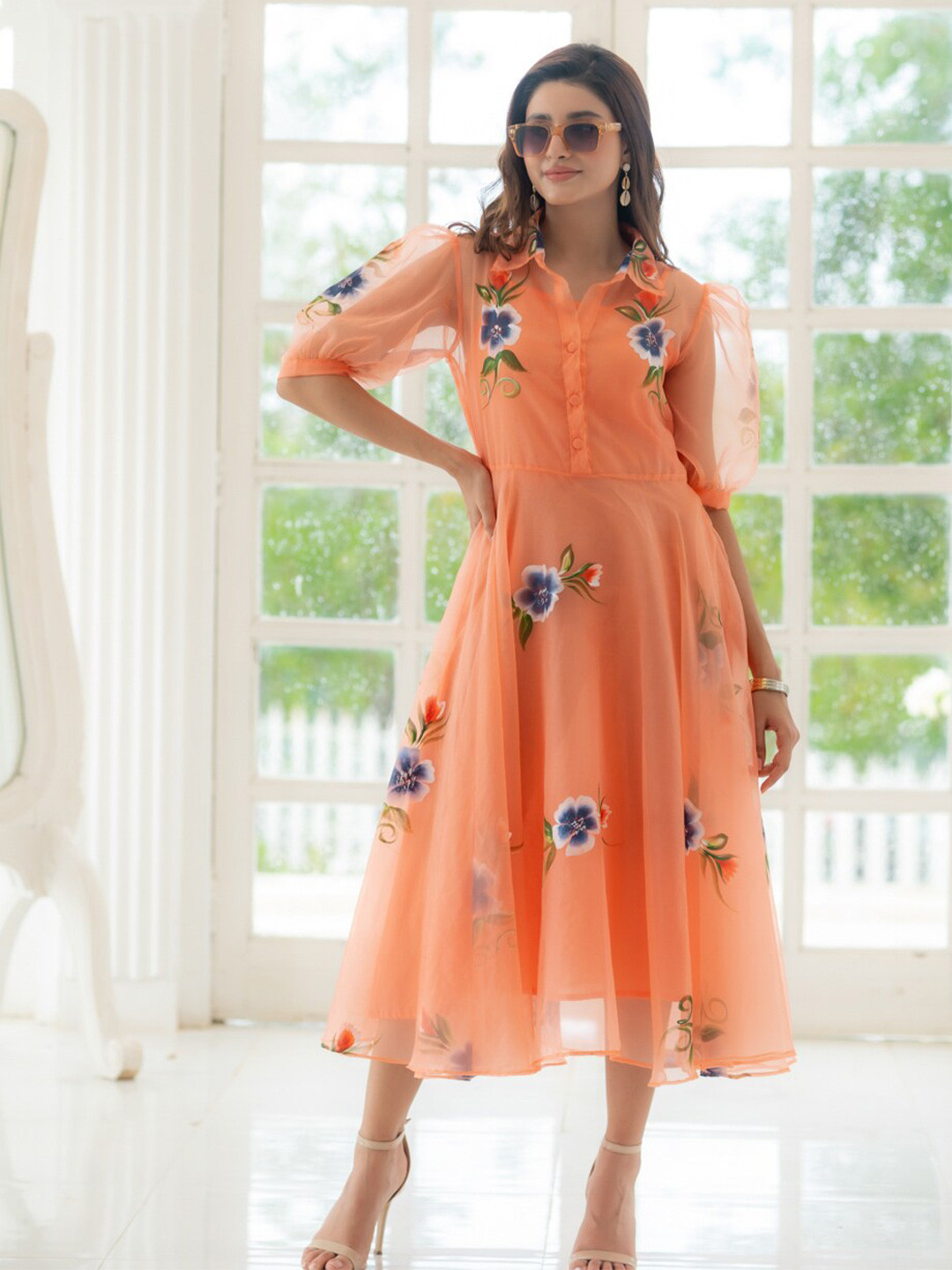 Ambraee Floral Print Shirt Collar Puff Sleeve Fit & flare Pleated Midi dress, Peach 
Ambraee Floral Print Shirt Collar Puff Sleeve Fit & flare Pleated Midi dress, Peach